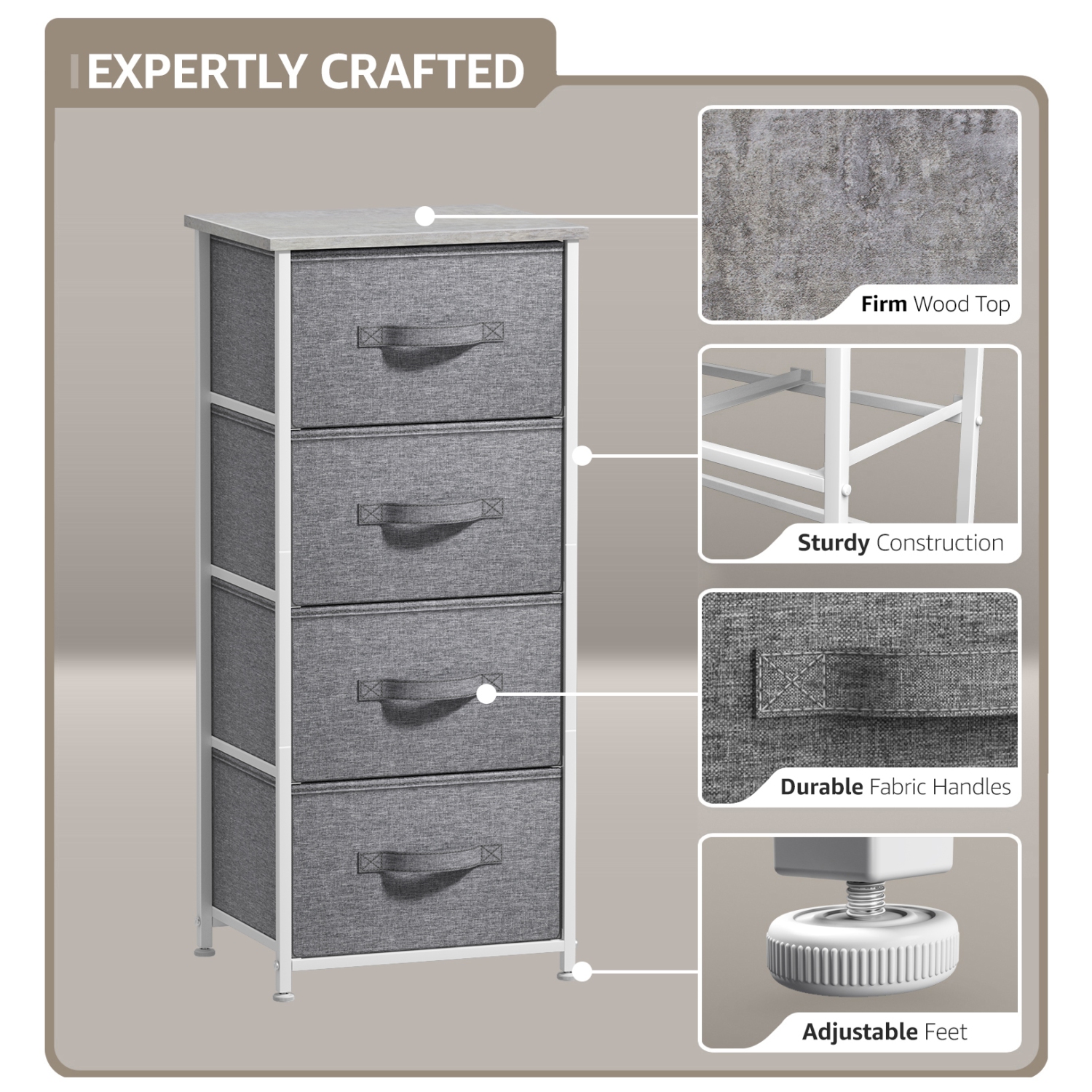 Table de chevet à 4 tiroirs Sorbus | Rangement pour la maison ou le collège | Cadre en acier, dessus en bois et bacs en tissu - Gris
