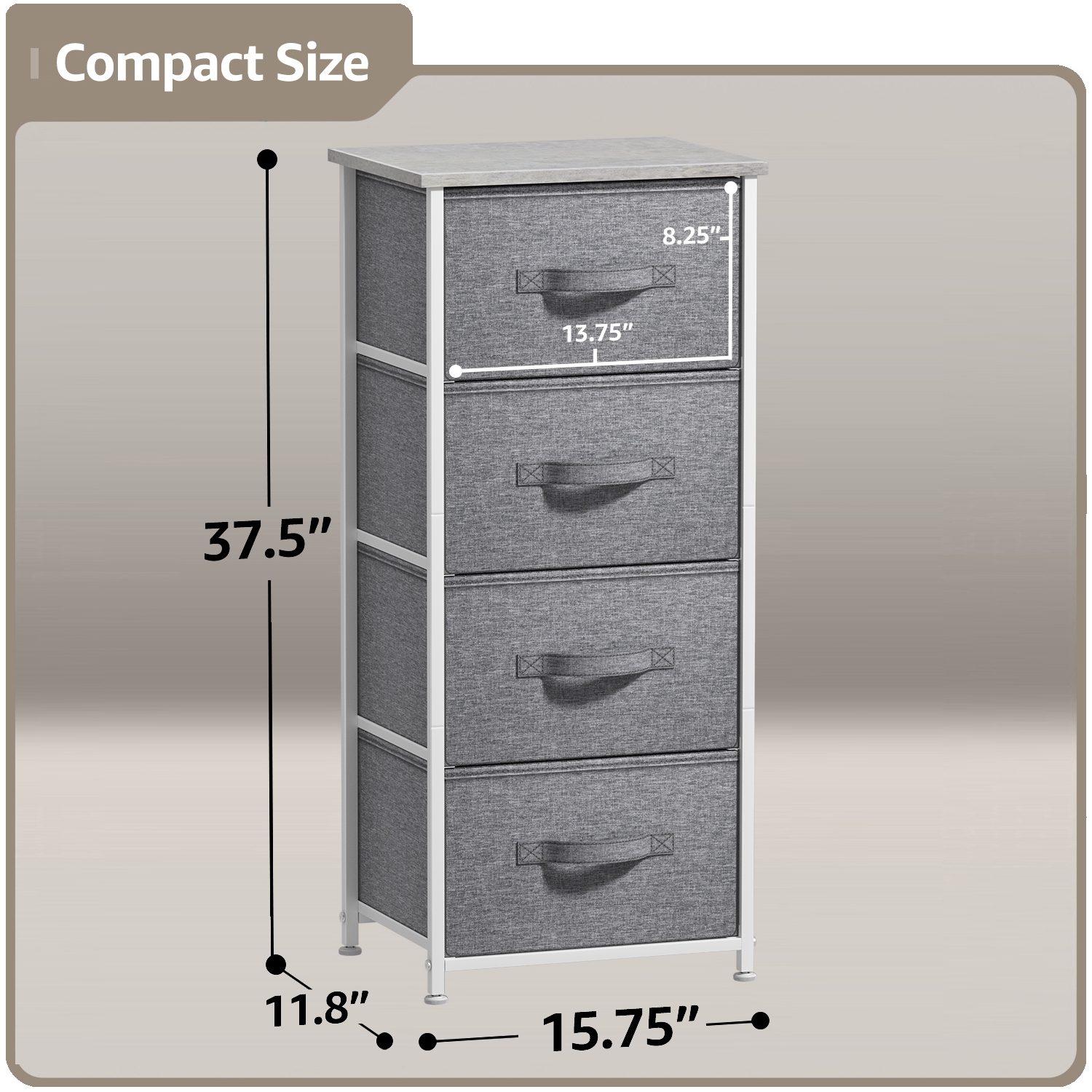 Table de chevet à 4 tiroirs Sorbus | Rangement pour la maison ou le collège | Cadre en acier, dessus en bois et bacs en tissu - Gris