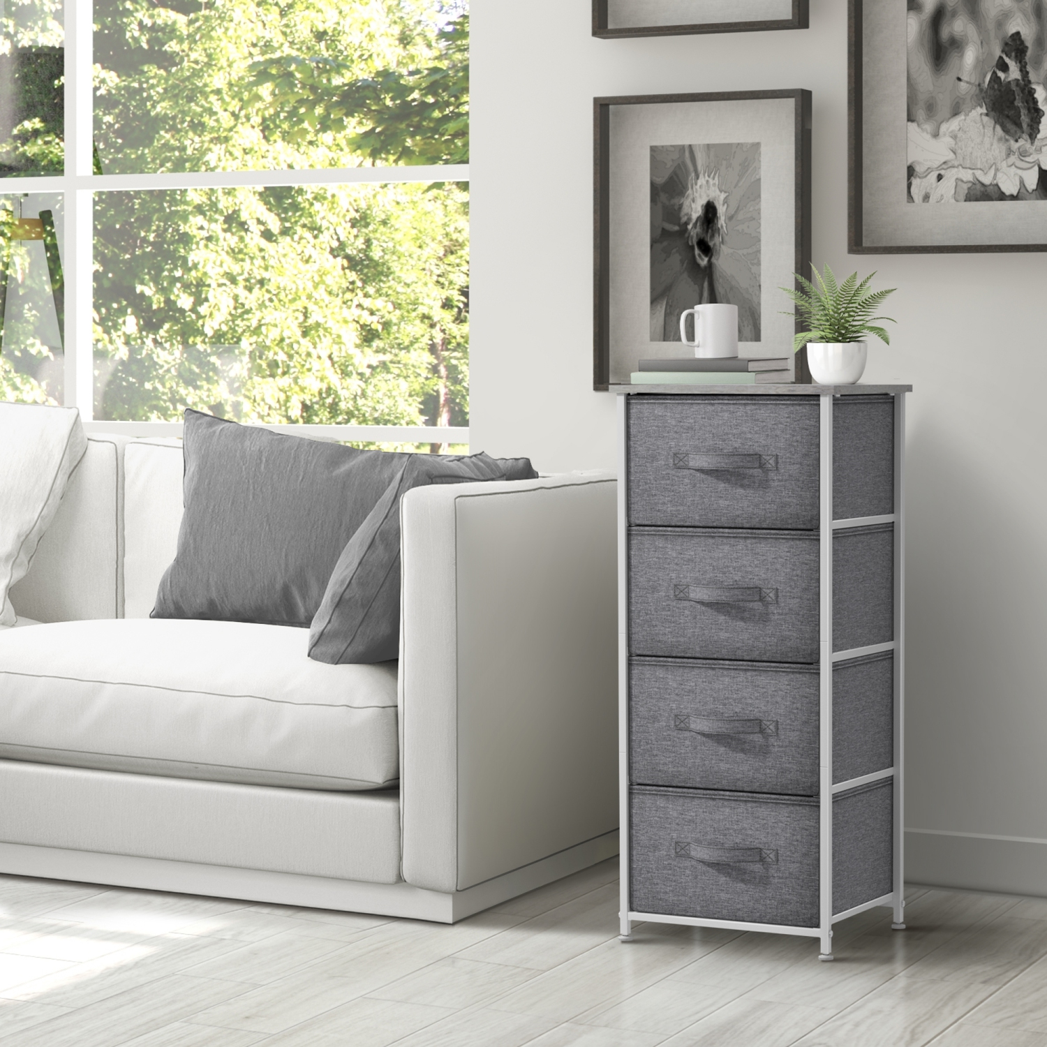 Table de chevet à 4 tiroirs Sorbus | Rangement pour la maison ou le collège | Cadre en acier, dessus en bois et bacs en tissu - Gris