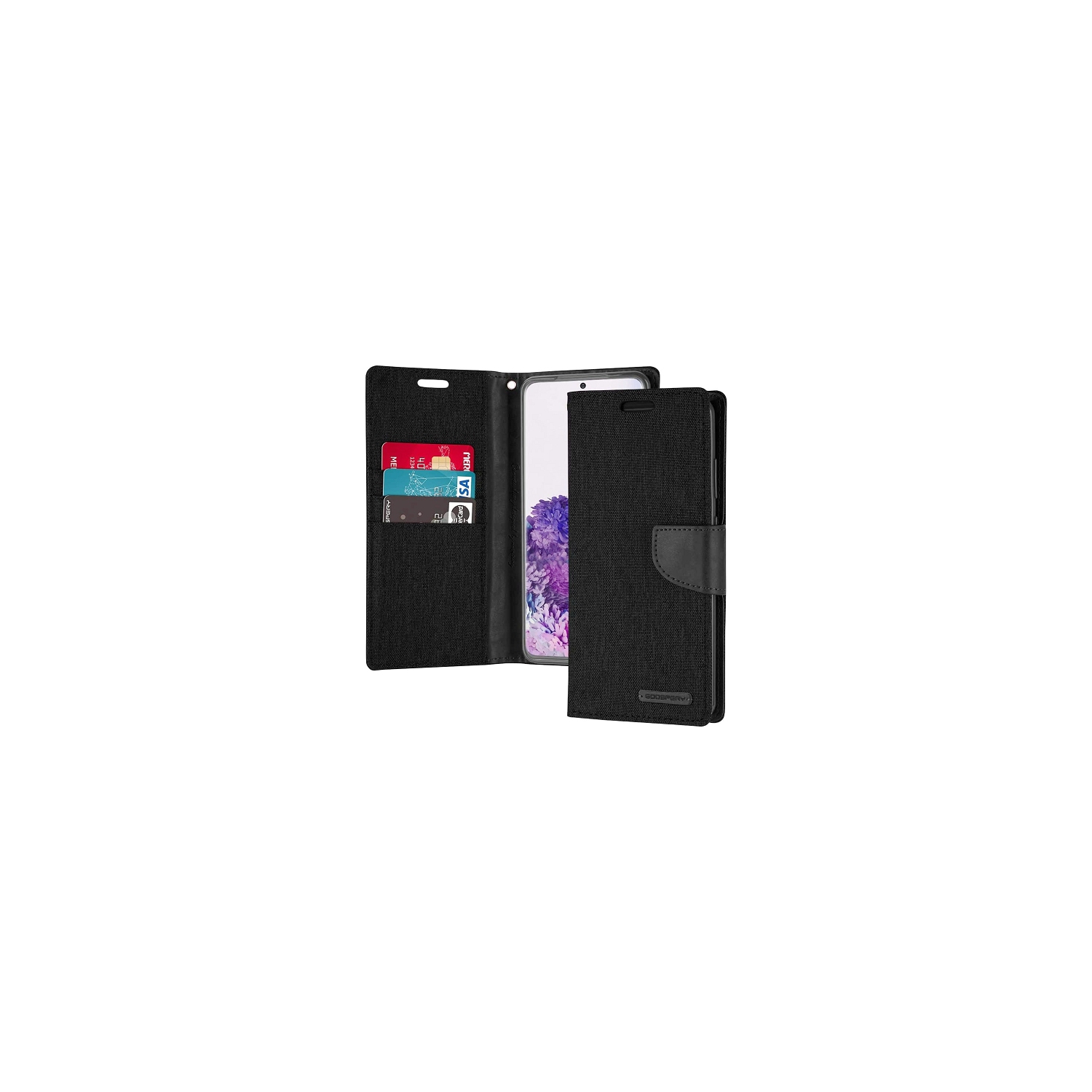 TopSave Goospery – Étui portefeuille folio en tissu avec porte-cartes CANVAS pour iPhone 16e, noir