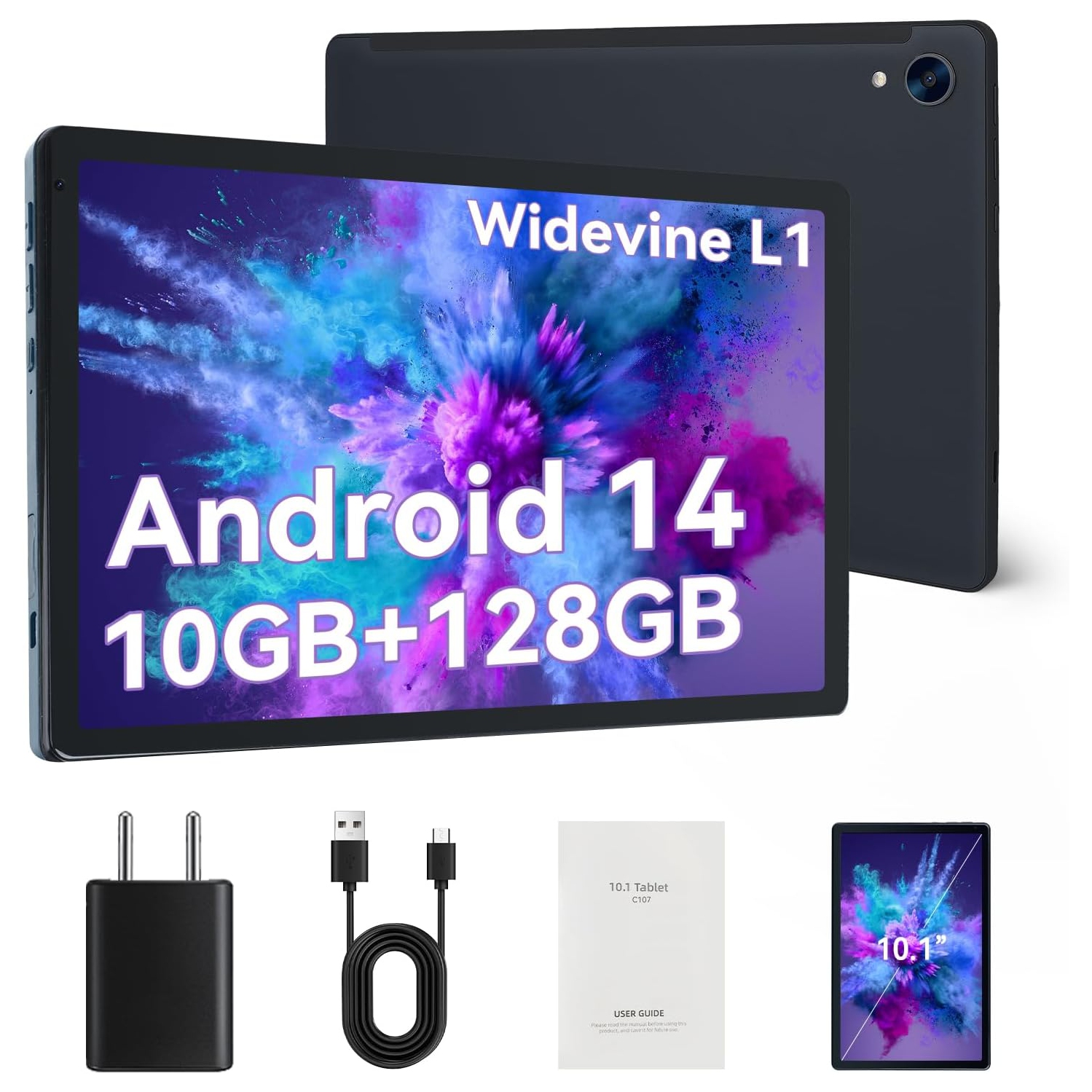 10 inch Tablet, Android 14 Tablet Octa Core Processor, 10GB+128GB/1 TB Expansion, 1280x800 HD IPS Display, Wi-Fi 6, Dual Camera, 5000mAh Powerful Performance Tablet – Black