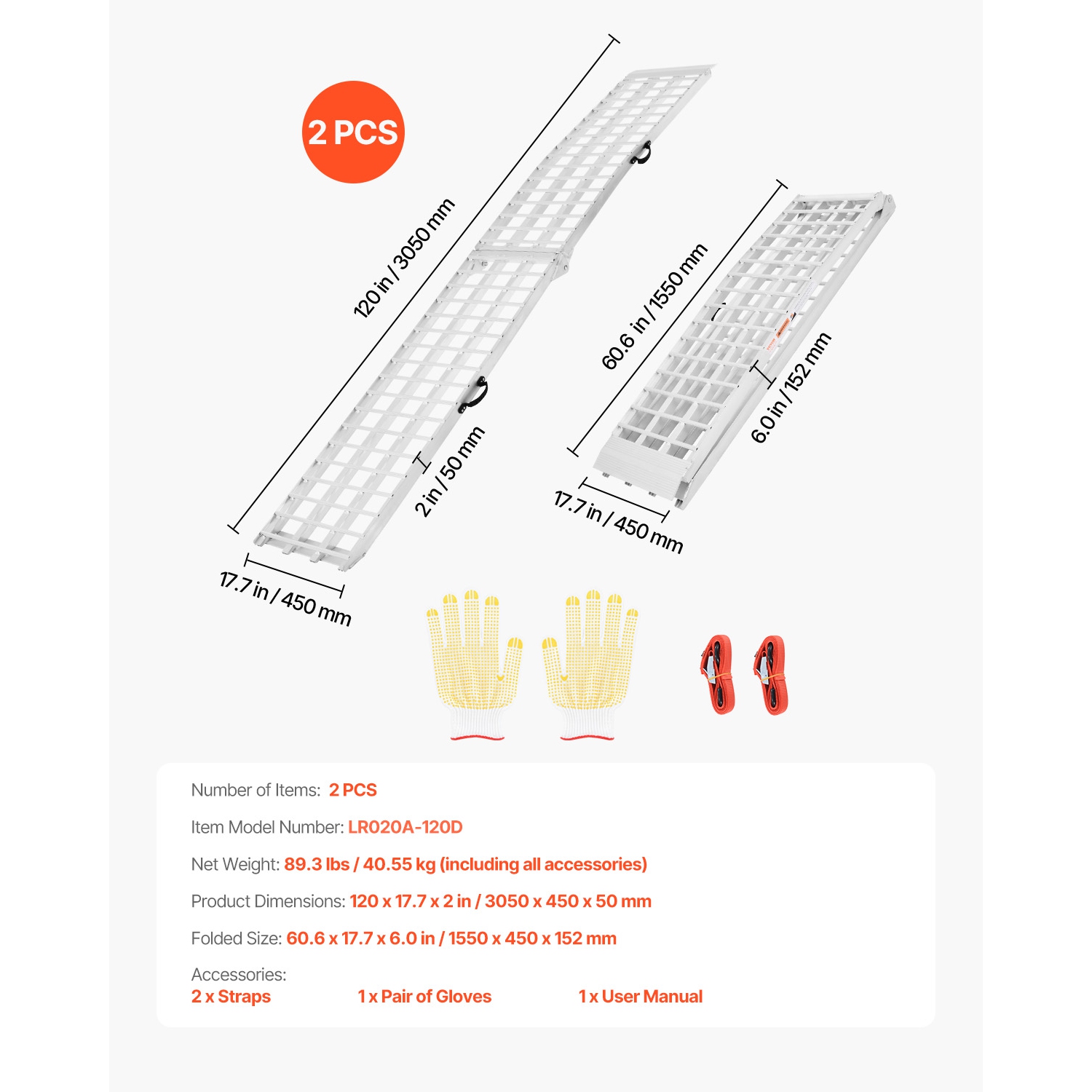 Rampes en aluminium VEVOR 2000&nbsp;lb, 2 rampes robustes avec une plus grande surface de rampe, rampe de chargement stable universelle avec