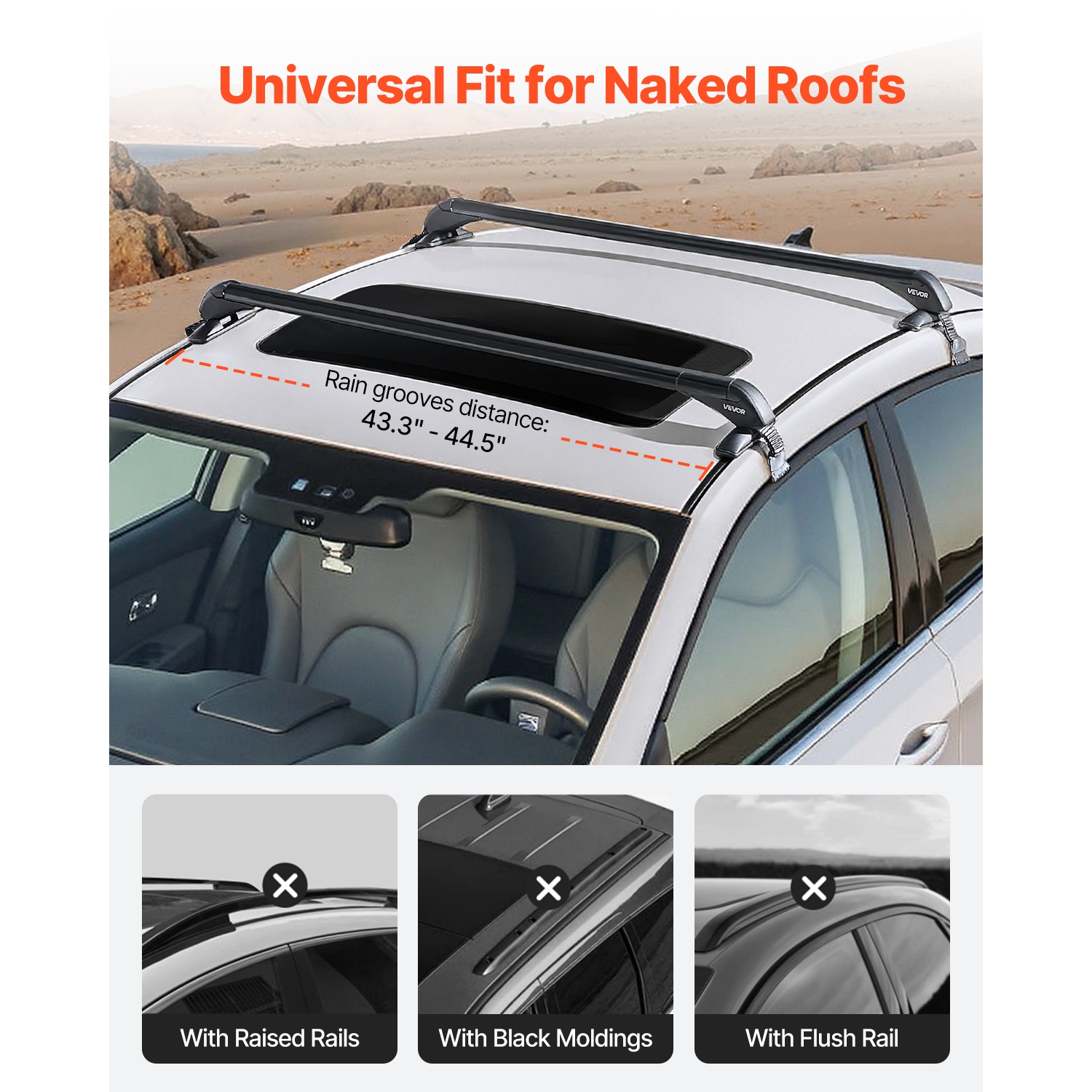VEVOR 165lbs Capacity Roof Rack Cross Bars, Fit for Naked Roofs Without Raised Rails/Flush Rail/Black Moldings, Lockable Aluminum Crossbar Racks Roof