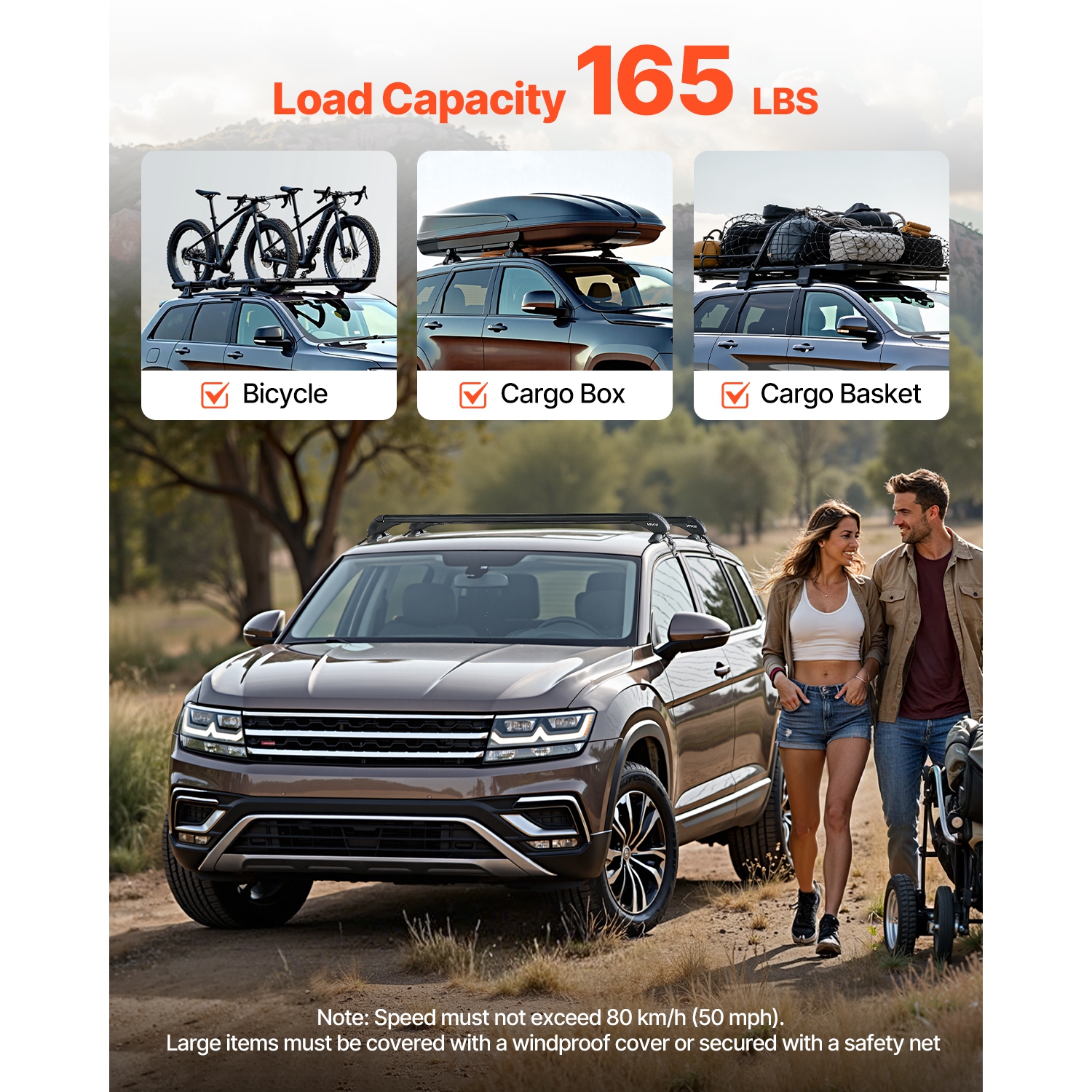 VEVOR 165lbs Capacity Roof Rack Cross Bars, Fit for Naked Roofs Without Raised Rails/Flush Rail/Black Moldings, Lockable Aluminum Crossbar Racks Roof