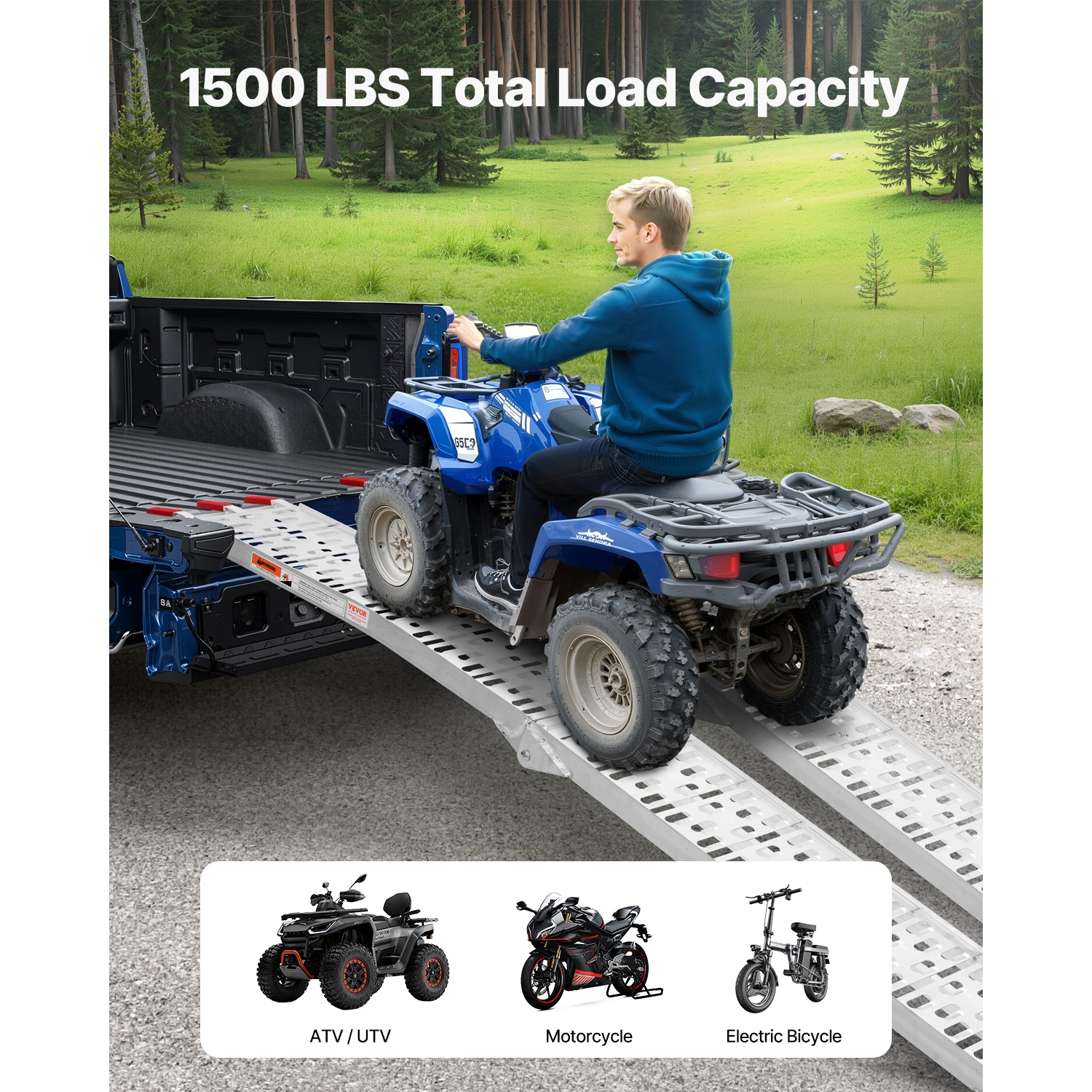 VEVOR 1500 lbs Aluminum Ramps, 2Pcs Heavy-duty Ramps with Wider Ramp Surface, Universal Stable Loading Ramp with Handles, Fit for ATV, UTV,