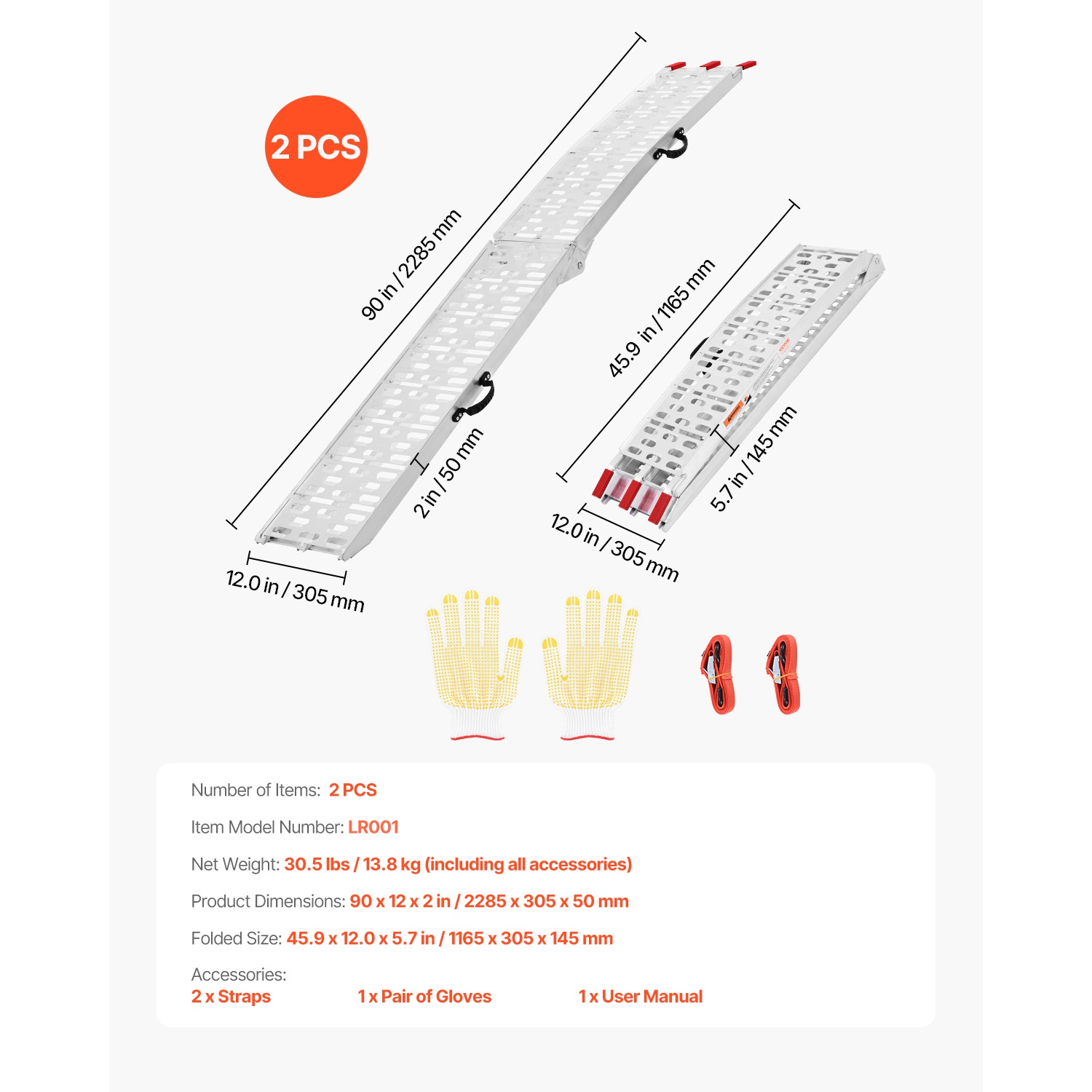 VEVOR 1500 lbs Aluminum Ramps, 2Pcs Heavy-duty Ramps with Wider Ramp Surface, Universal Stable Loading Ramp with Handles, Fit for ATV, UTV,