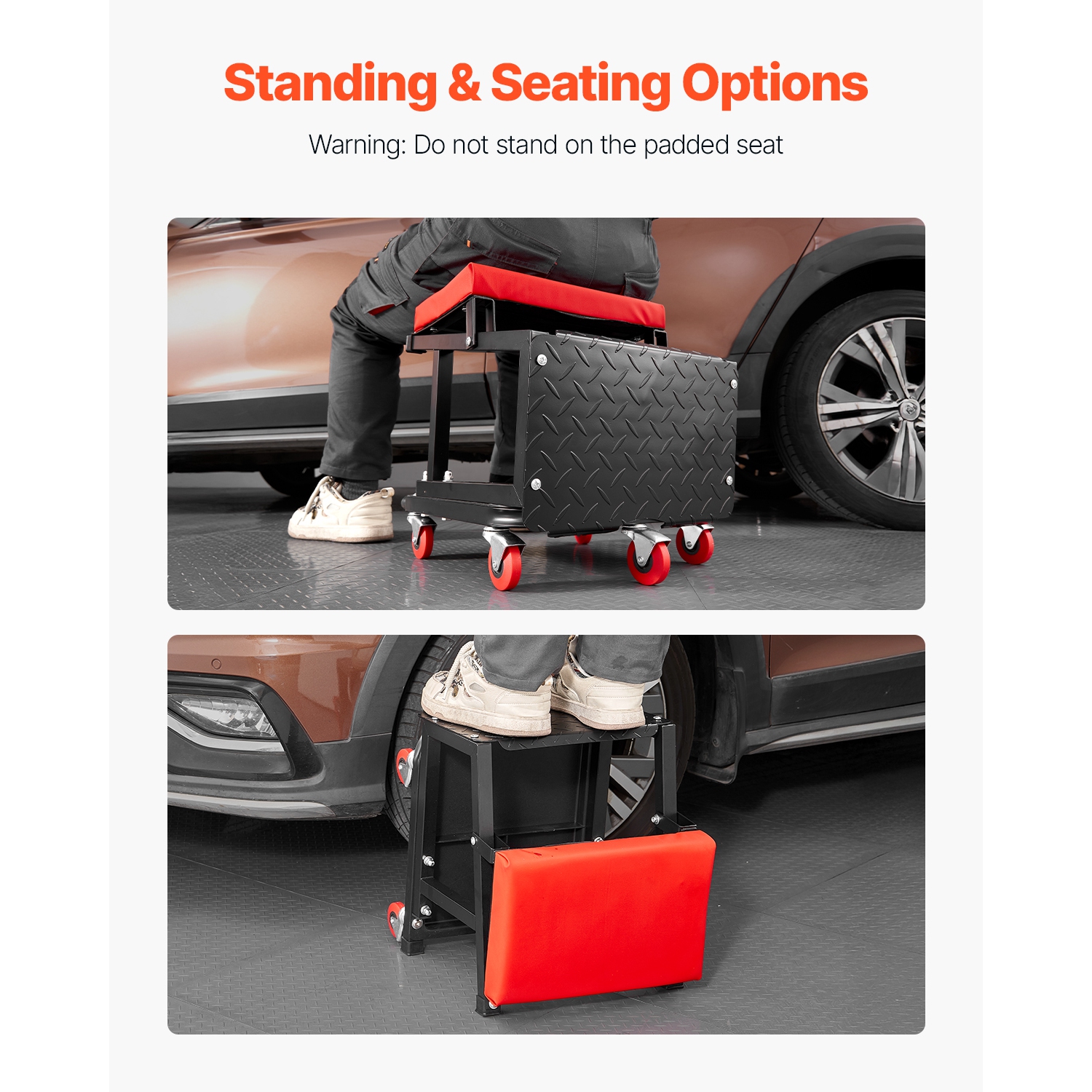 VEVOR 300lbs Capacity Mechanic Stool, Garage Seat/Work Stool with Wheels, 360° Rolling Stool with Tool Tray, Mechanics Creeper Seat/Step Stool, for