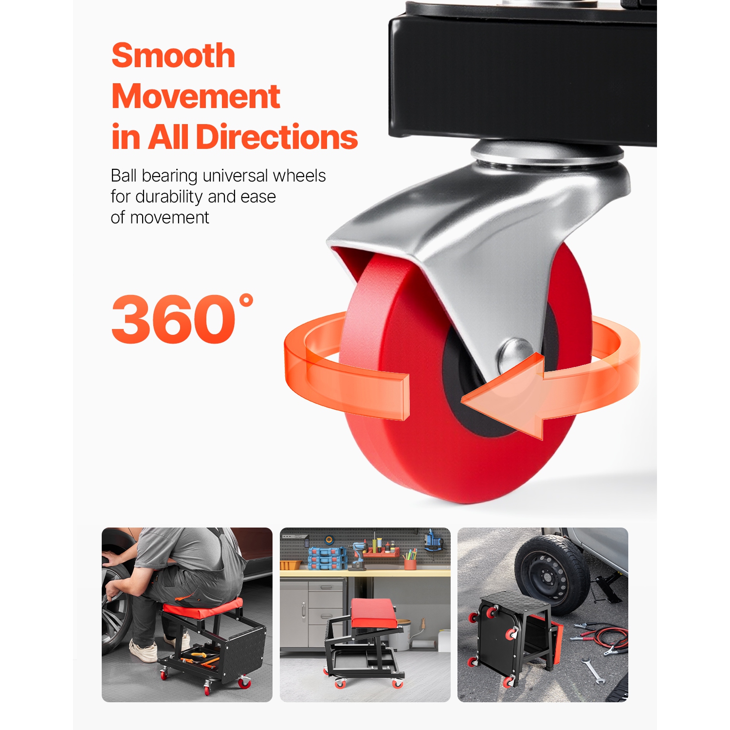 VEVOR 300lbs Capacity Mechanic Stool, Garage Seat/Work Stool with Wheels, 360° Rolling Stool with Tool Tray, Mechanics Creeper Seat/Step Stool, for