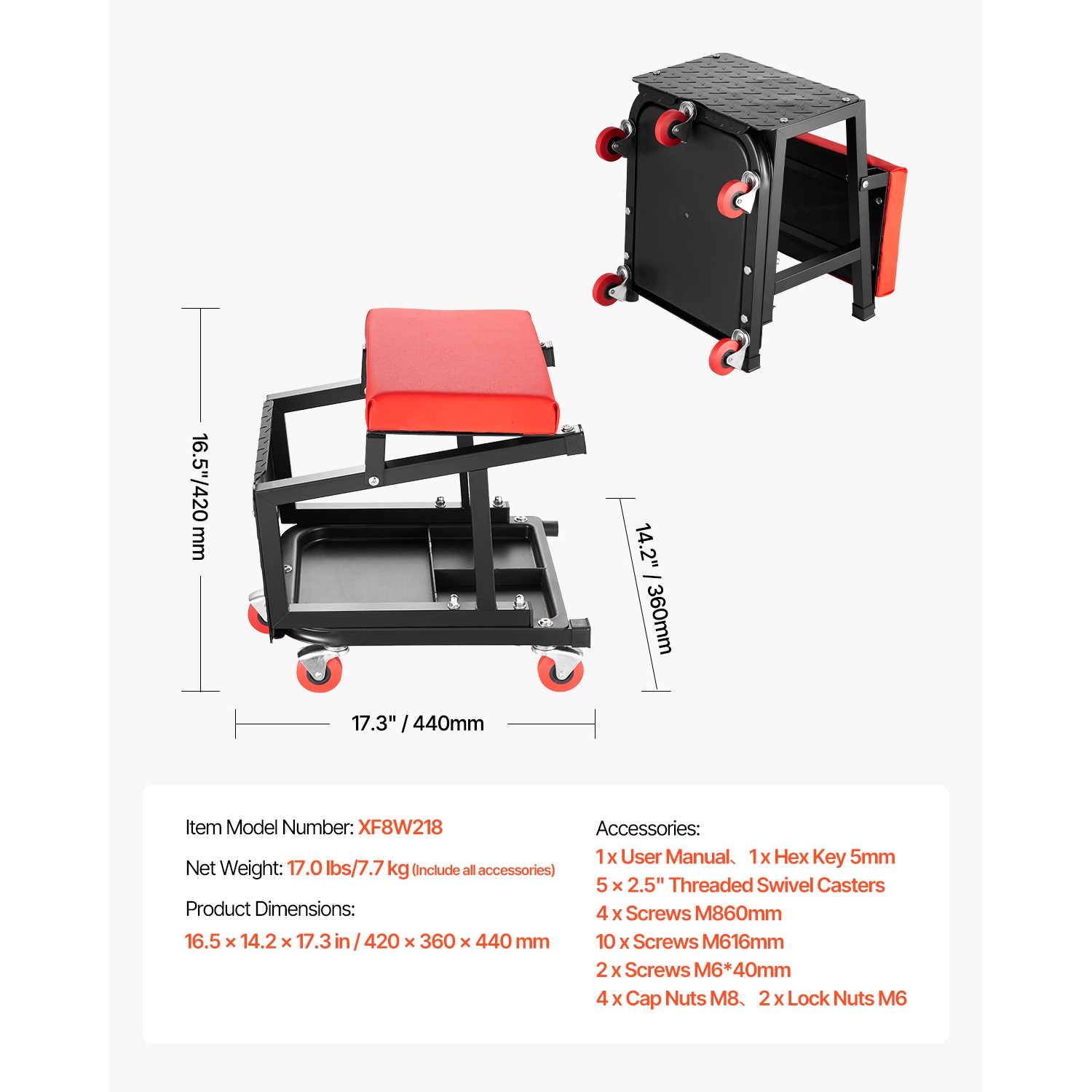 VEVOR 300lbs Capacity Mechanic Stool, Garage Seat/Work Stool with Wheels, 360° Rolling Stool with Tool Tray, Mechanics Creeper Seat/Step Stool, for