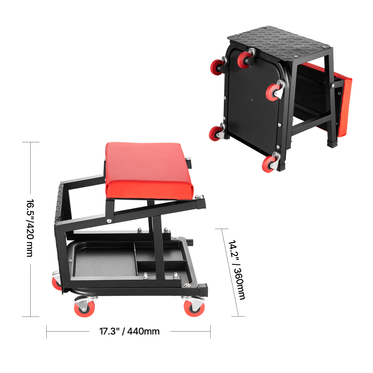 VEVOR 300lbs Capacity Mechanic Stool, Garage Seat/Work Stool with Wheels, 360° Rolling Stool with Tool Tray, Mechanics Creeper Seat/Step Stool, for