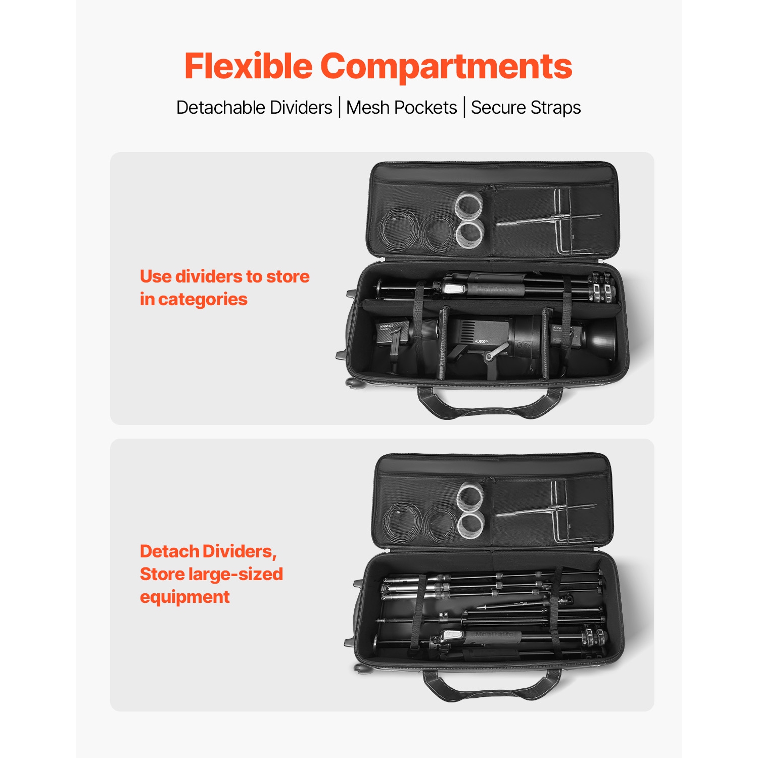 VEVOR 35.83 x 11.81 x 14 in Studio Equipment Trolley Case, Rolling Camera Bag, Carrying Bag with Wheels Straps Padded Compartment Handle, for Light