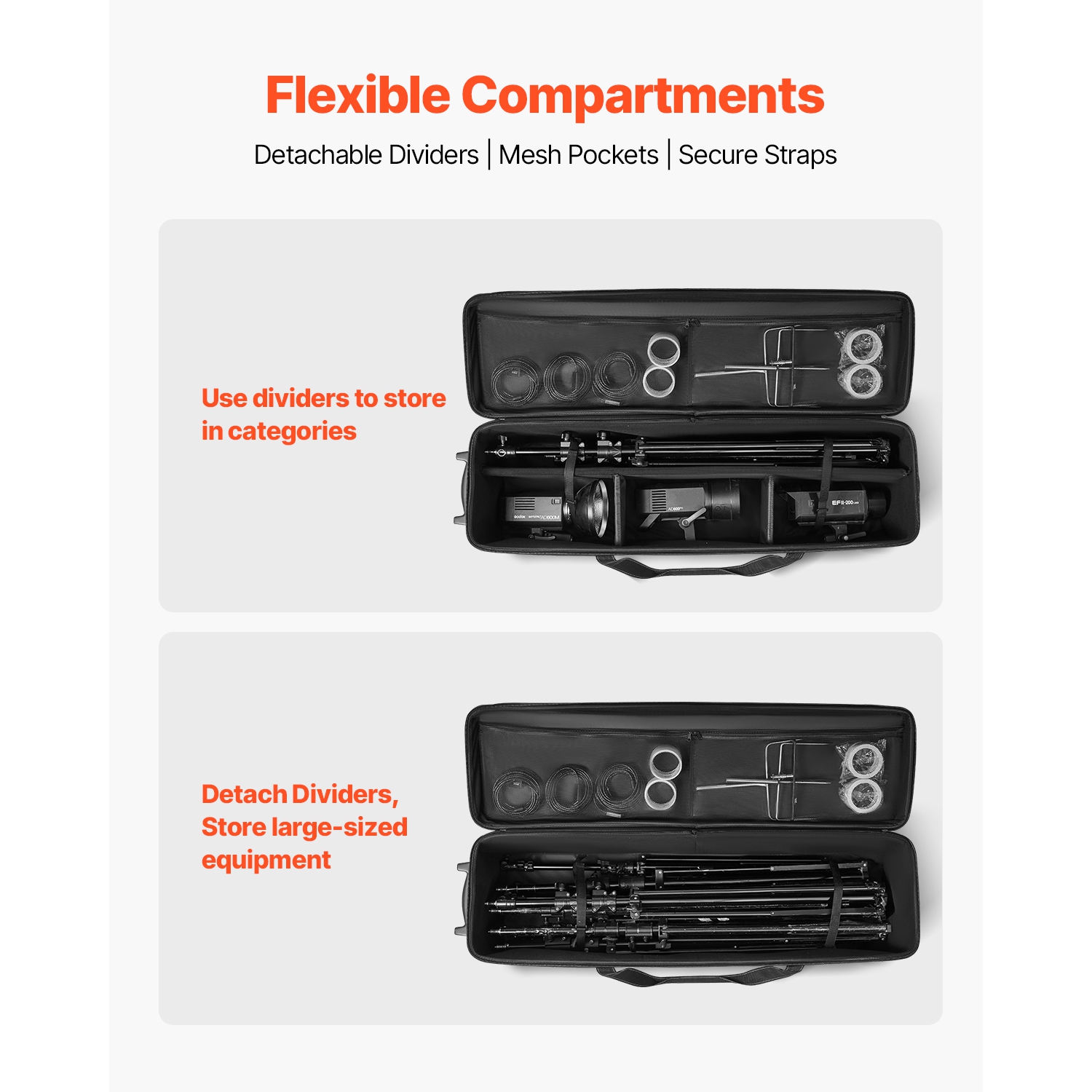 VEVOR 51.57 x 14.37 x 14.96 in Studio Equipment Trolley Case, Rolling Camera Bag, Carrying Bag with Wheels Straps Padded Compartment Handle, for