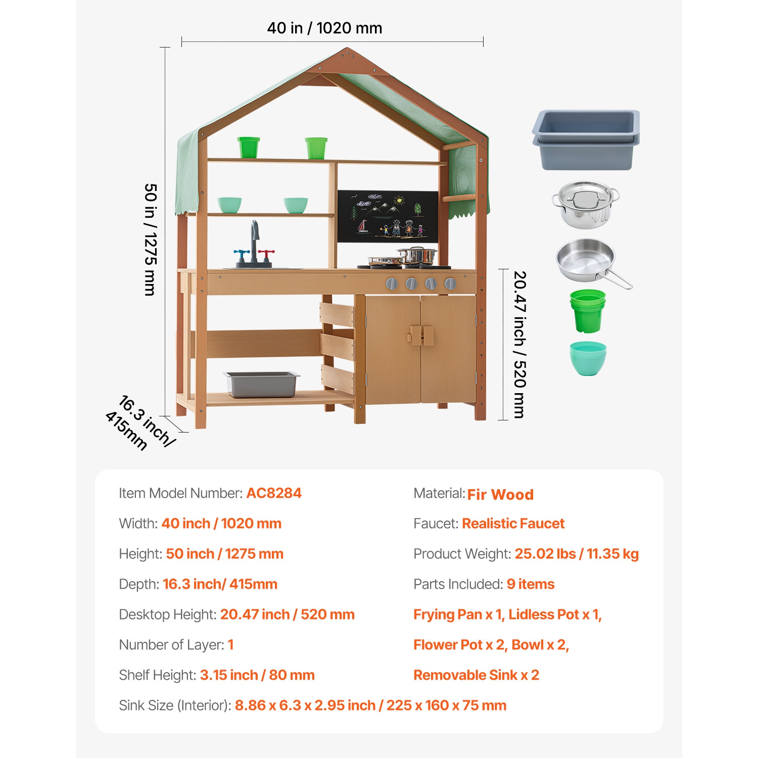 VEVOR Mud Kitchen for Kids, Wooden Toy Play Kitchen Set with Accessories, Outdoor Toddler Grocery Store Playset, with Stoves, Planter Boxes, Sink,
