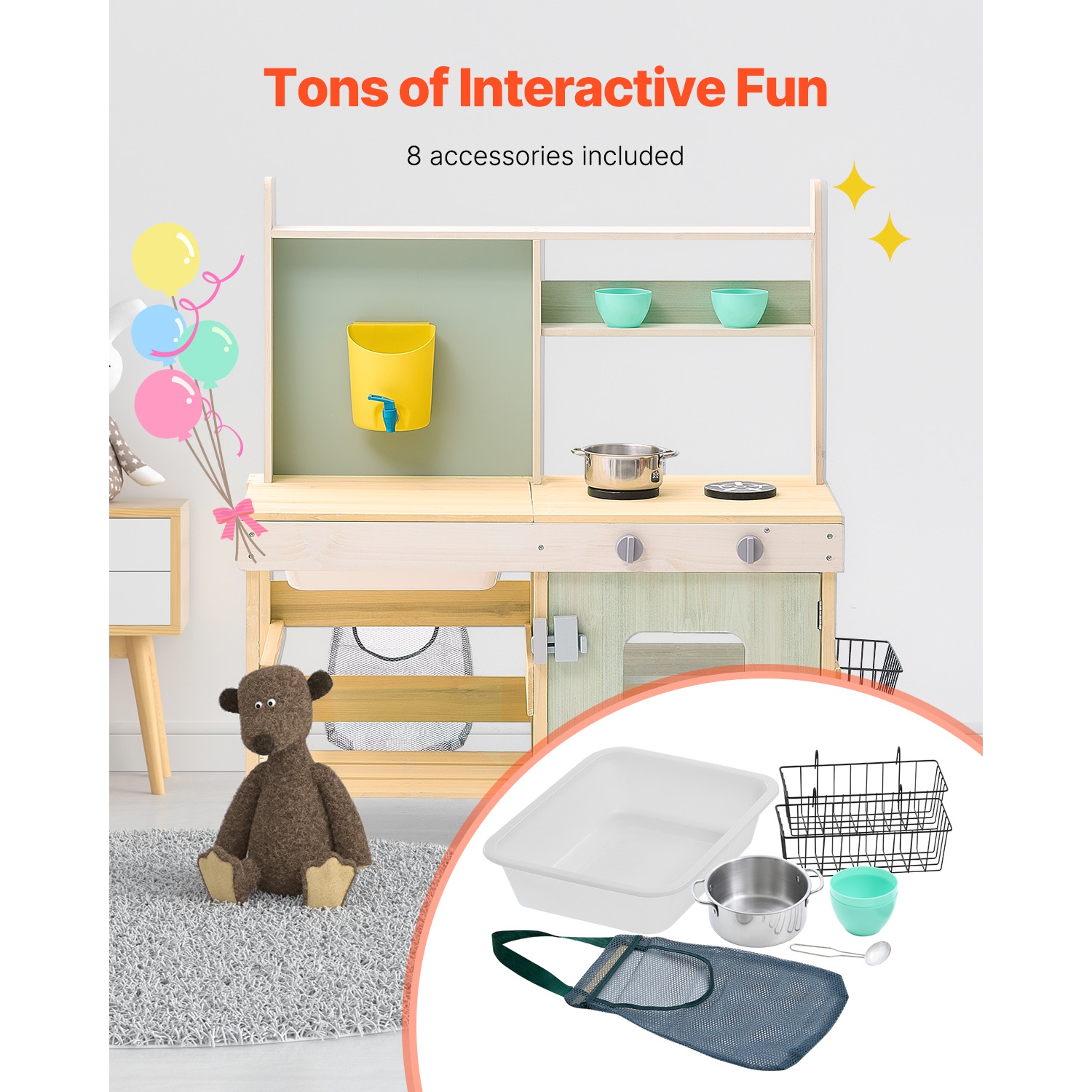 Cuisine VEVOR pour enfants, ensemble de cuisine jouet en bois, ensemble de jeu d'épicerie pour tout-petits, avec poêles, réservoir, robinet, sac de