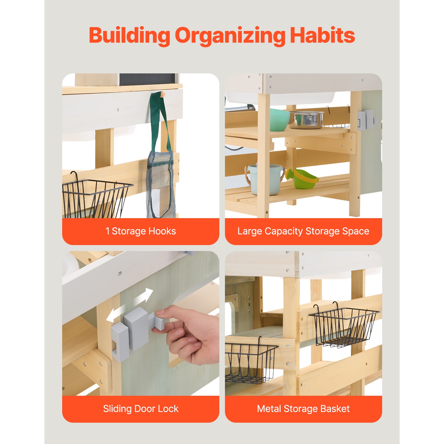 Cuisine VEVOR pour enfants, ensemble de cuisine jouet en bois, ensemble de jeu d'épicerie pour tout-petits, avec poêles, réservoir, robinet, sac de