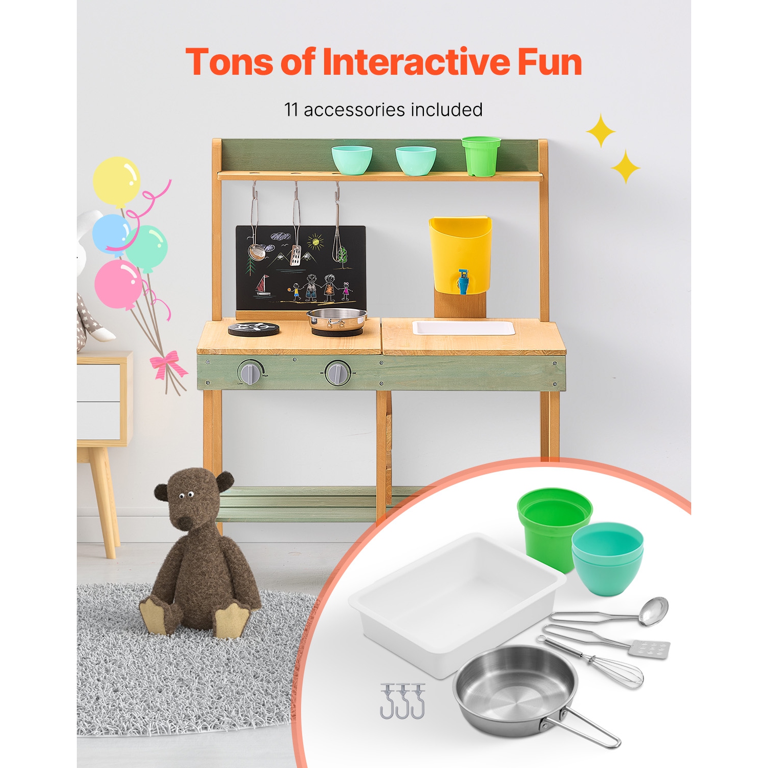 VEVOR Mud Kitchen for Kids, Wooden Toy Play Kitchen Set, Outdoor Toddler Grocery Store Playset, with Planter Box, Stoves, Tank, Faucet, Blackboard,
