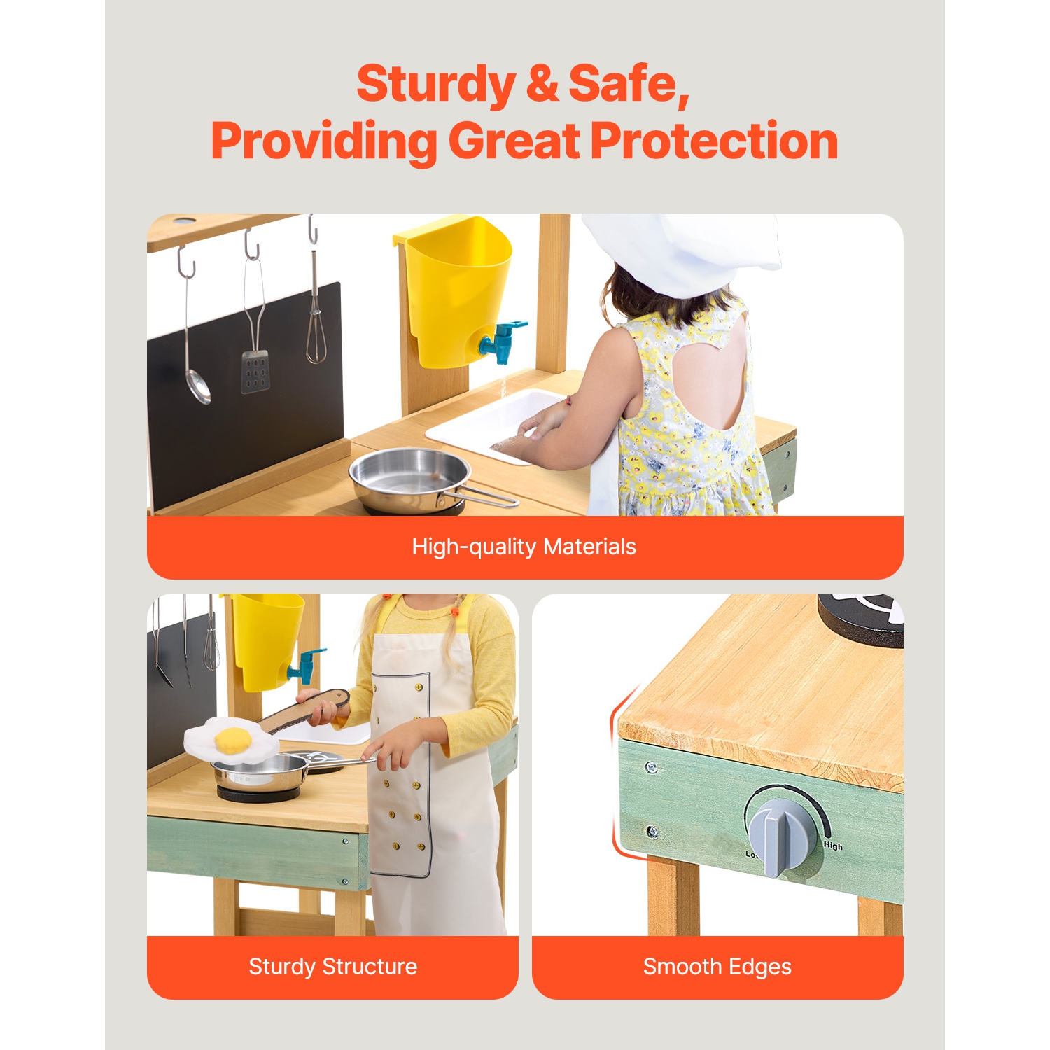 VEVOR Mud Kitchen for Kids, Wooden Toy Play Kitchen Set, Outdoor Toddler Grocery Store Playset, with Planter Box, Stoves, Tank, Faucet, Blackboard,