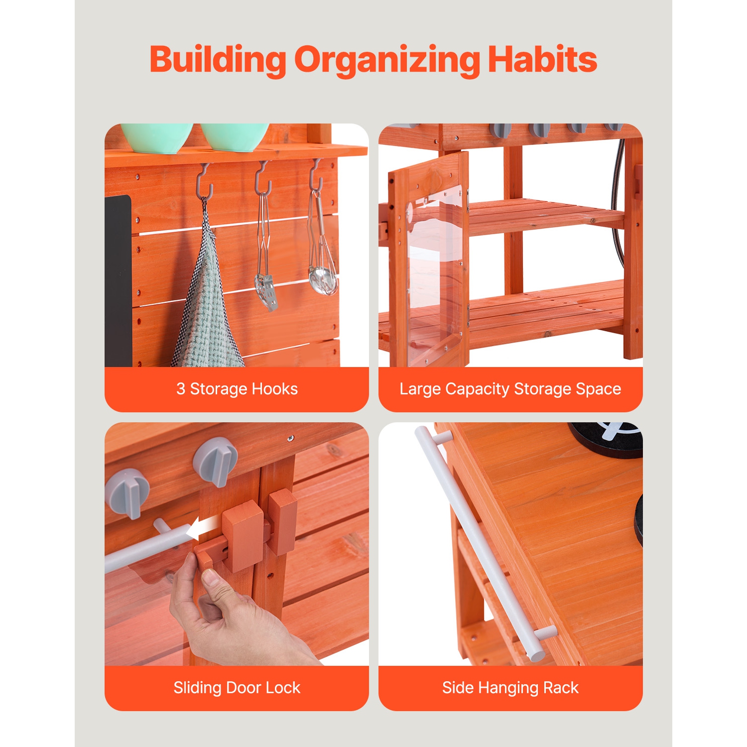 VEVOR Mud Kitchen for Kids, Wooden Toy Play Kitchen Set, Outdoor Toddler Grocery Store Playset for Boys & Girls, with Stoves, Sink, Faucet,