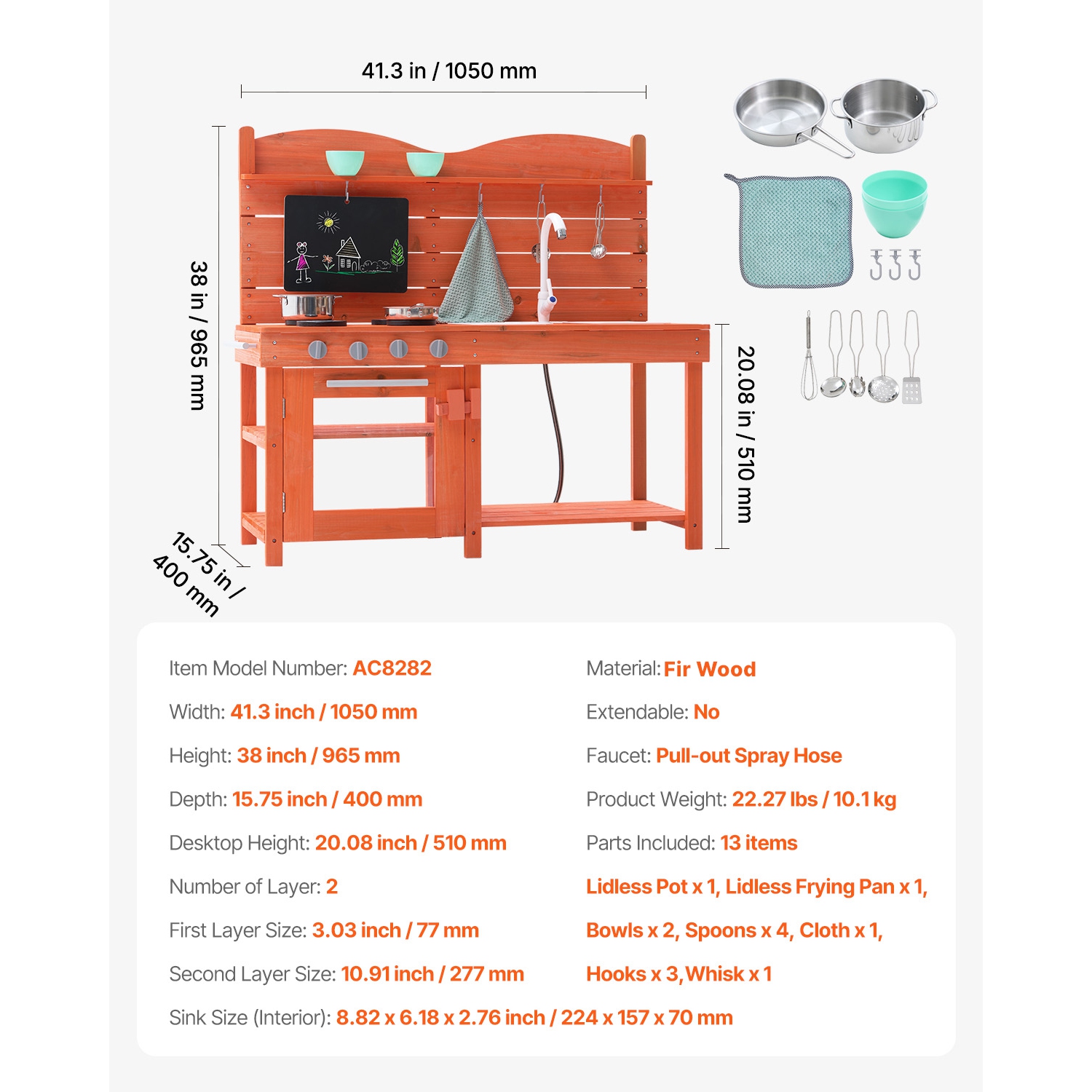 VEVOR Mud Kitchen for Kids, Wooden Toy Play Kitchen Set, Outdoor Toddler Grocery Store Playset for Boys & Girls, with Stoves, Sink, Faucet,