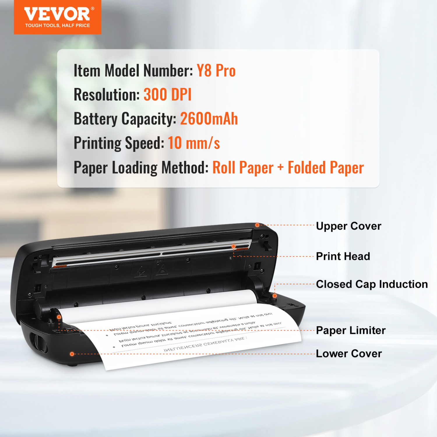 VEVOR 300 DPI Portable Thermal Printer-2600mAh Battery, Bluetooth Inkless Mobile Printer for A4, A5 & 8.5" x 11" Thermal Paper, Fit iOS, Android &