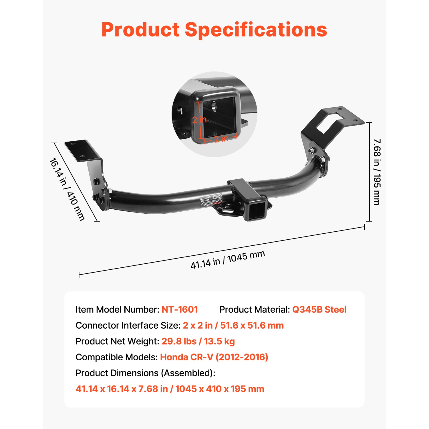 VEVOR 6000 lbs Class 3 Trailer Hitch, 2-Inch Receiver, Q345B Steel Tube Frame, Compatible with 2012-2016 Honda CR-V, Multi-Fit Hitch to Receive Ball