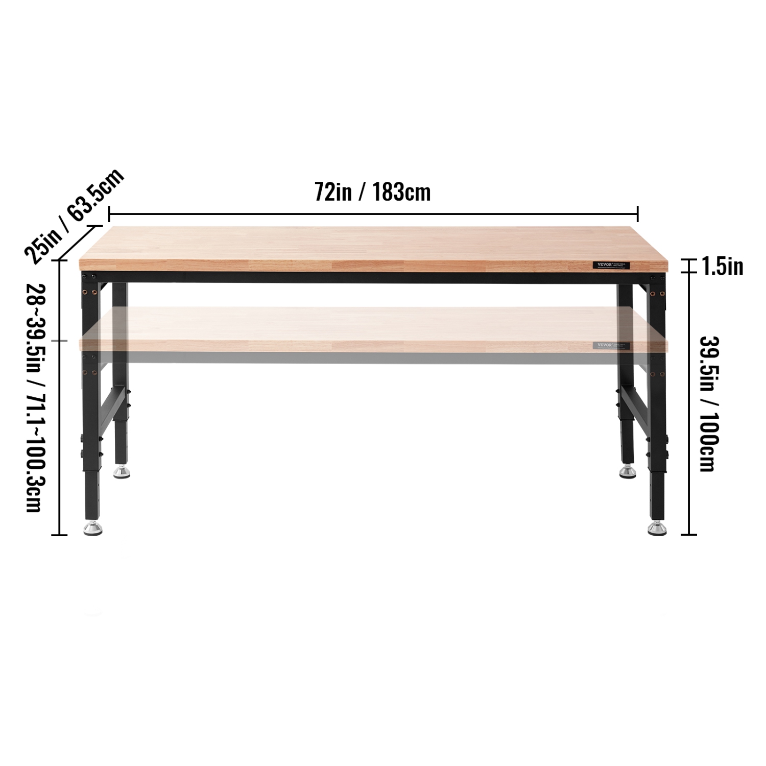 VEVOR 72" L X 25" W Adjustable Workbench, Garage Worktable with Universal Wheels, 28-39.5"Heights & 3000 LBS Load Capacity, with Power Outlets &