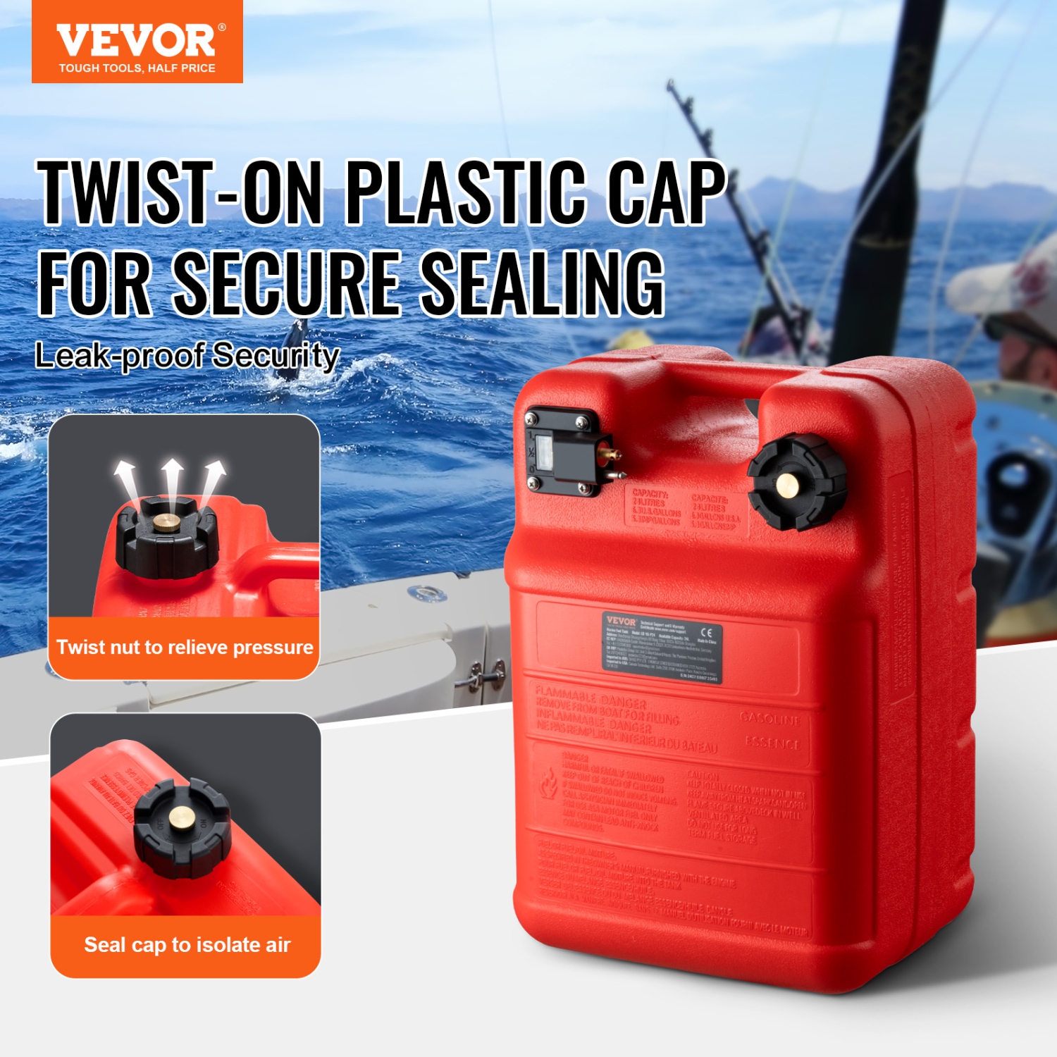 VEVOR 6.34-Gallon/24-L Marine Tank, Marine Portable Tank Outboard Marine Boat Transfer Tank with 9.8ft Hose, Gauge for Outboard Engine Boats, Yacht,