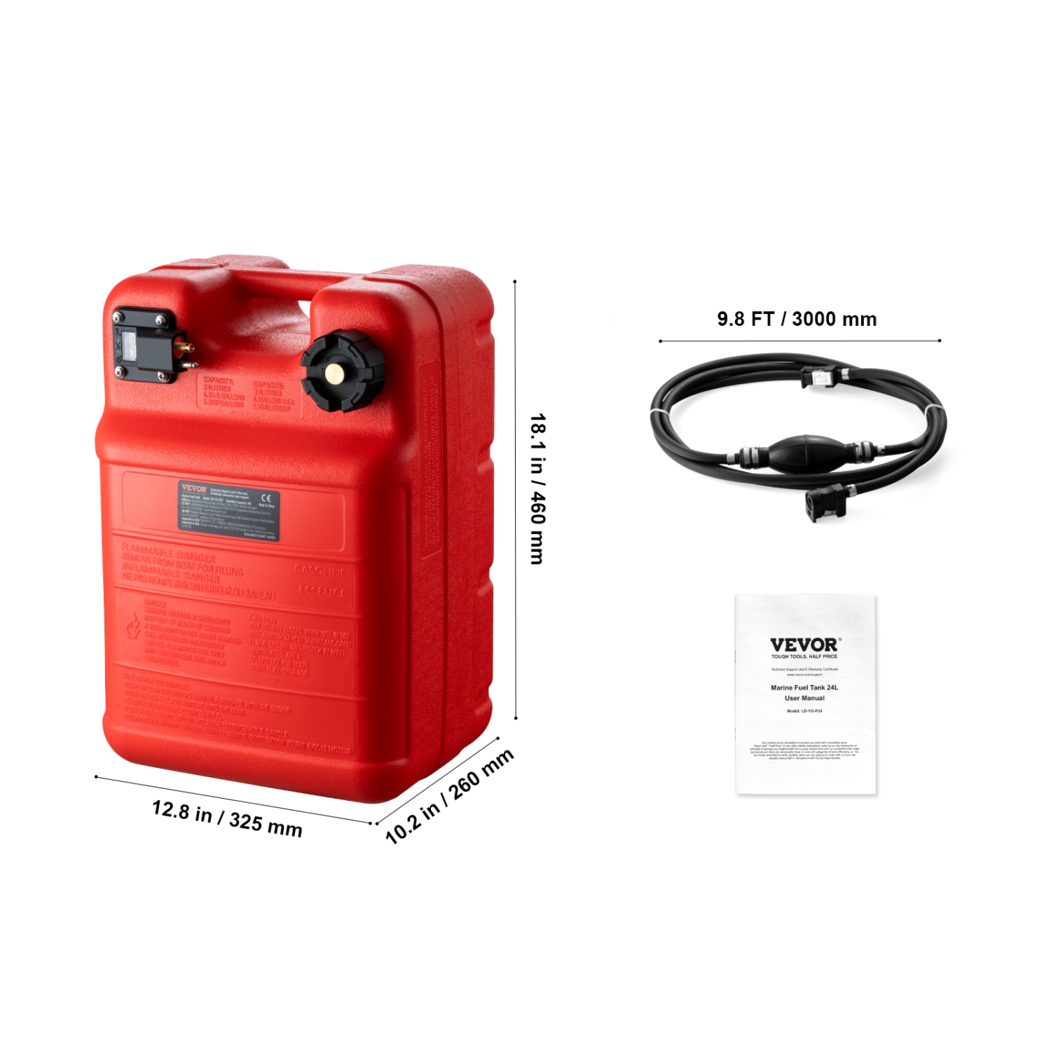 VEVOR 6.34-Gallon/24-L Marine Tank, Marine Portable Tank Outboard Marine Boat Transfer Tank with 9.8ft Hose, Gauge for Outboard Engine Boats, Yacht,