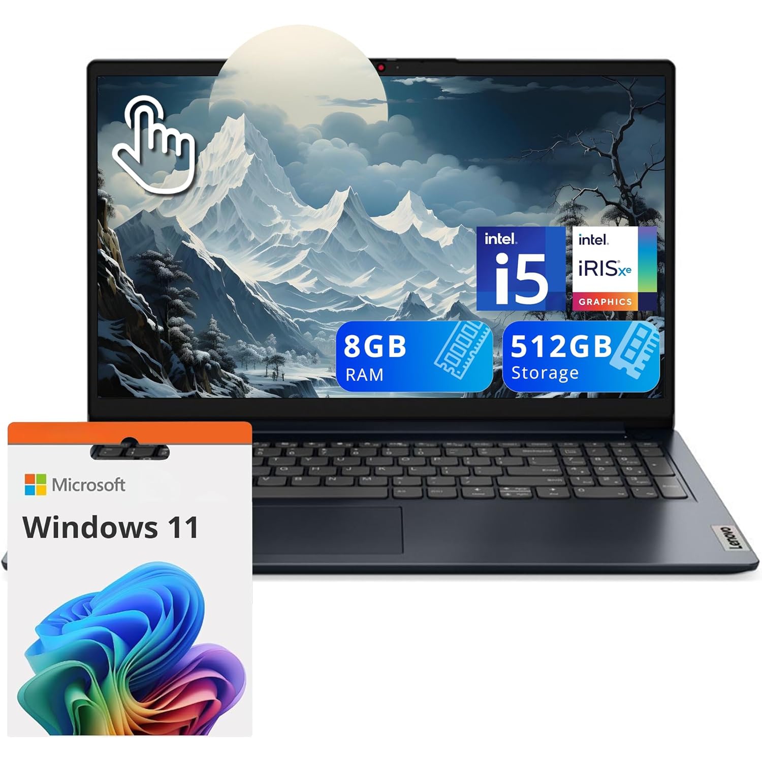 Open Box - Lenovo IdeaPad 1i 15.6" FHD Touchscreen Laptop, Intel i5-1235U, 512GB SSD, 8GB RAM, Intel Iris Xe Graphics, Full Size Keyboard, Dolby