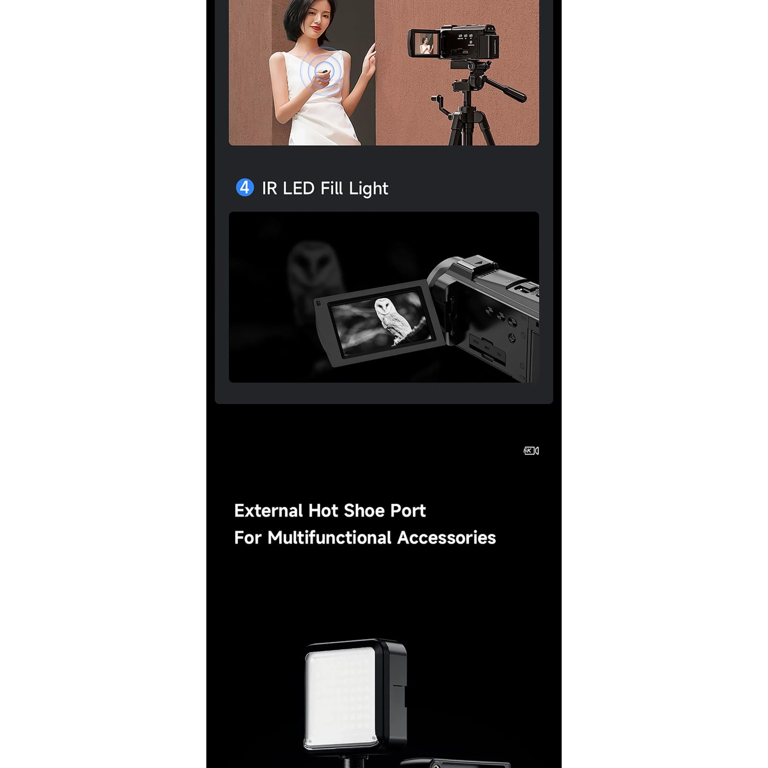 5K HD digital outdoor DV recorder shooting handheld camera home digital video camera 16x zoom, 6-axis anti-shake-270 rotation touch screen-128G