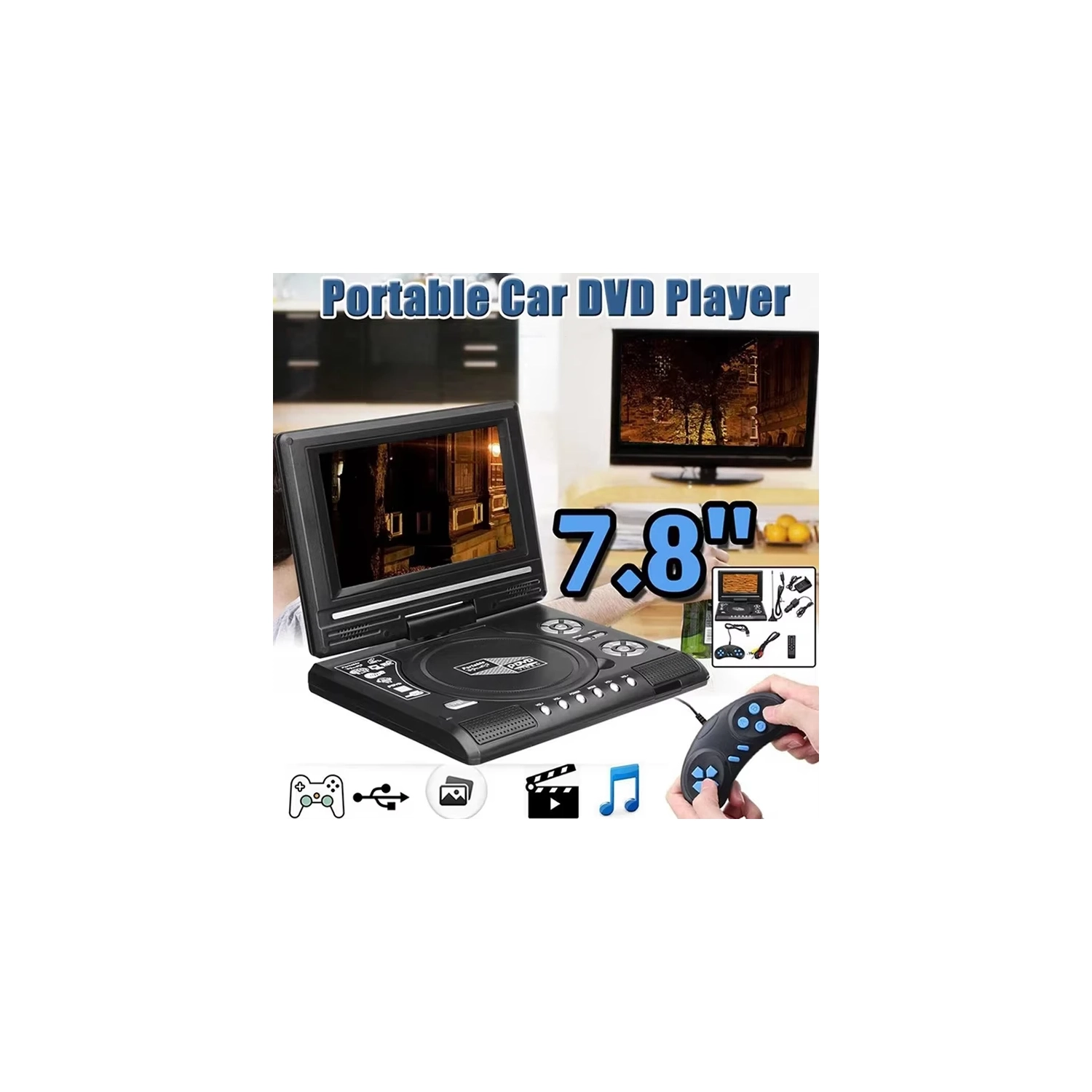 7.8&nbsp;po lecteur DVD mobile haute définition portable EVD petit téléviseur mini lecteur CD avec fonction de jeu vidéo 3D effet son haute