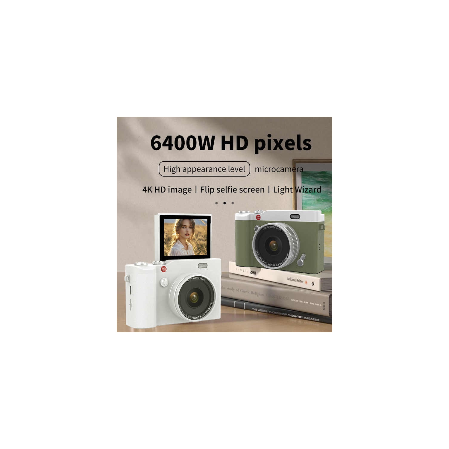 4K HD Flip Screen Student Camera Photographing Digital Travel CCD, 64MP and 2.4 Inch HD Display - Pearl White