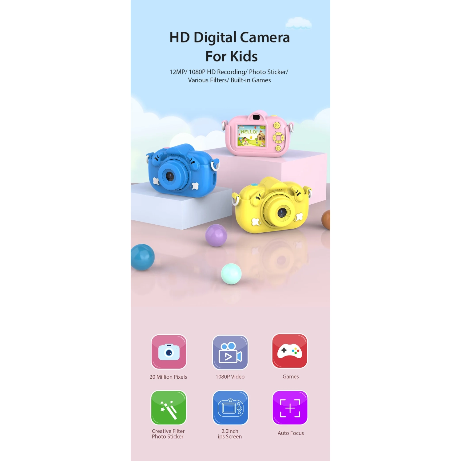 Digital HD Children's Mini Camera Student Home Camera Toy Children's Cartoon Camera 1080P - Blue