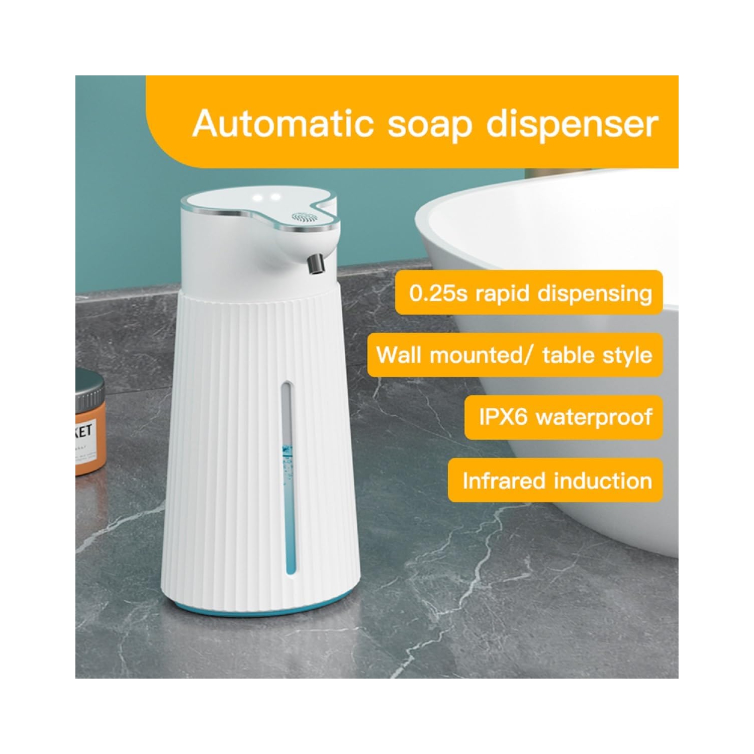 Distributeur de savon automatique, distributeur de savon ABS sans contact, 400 ml, avec capteur de mouvement infrarouge et base étanche,