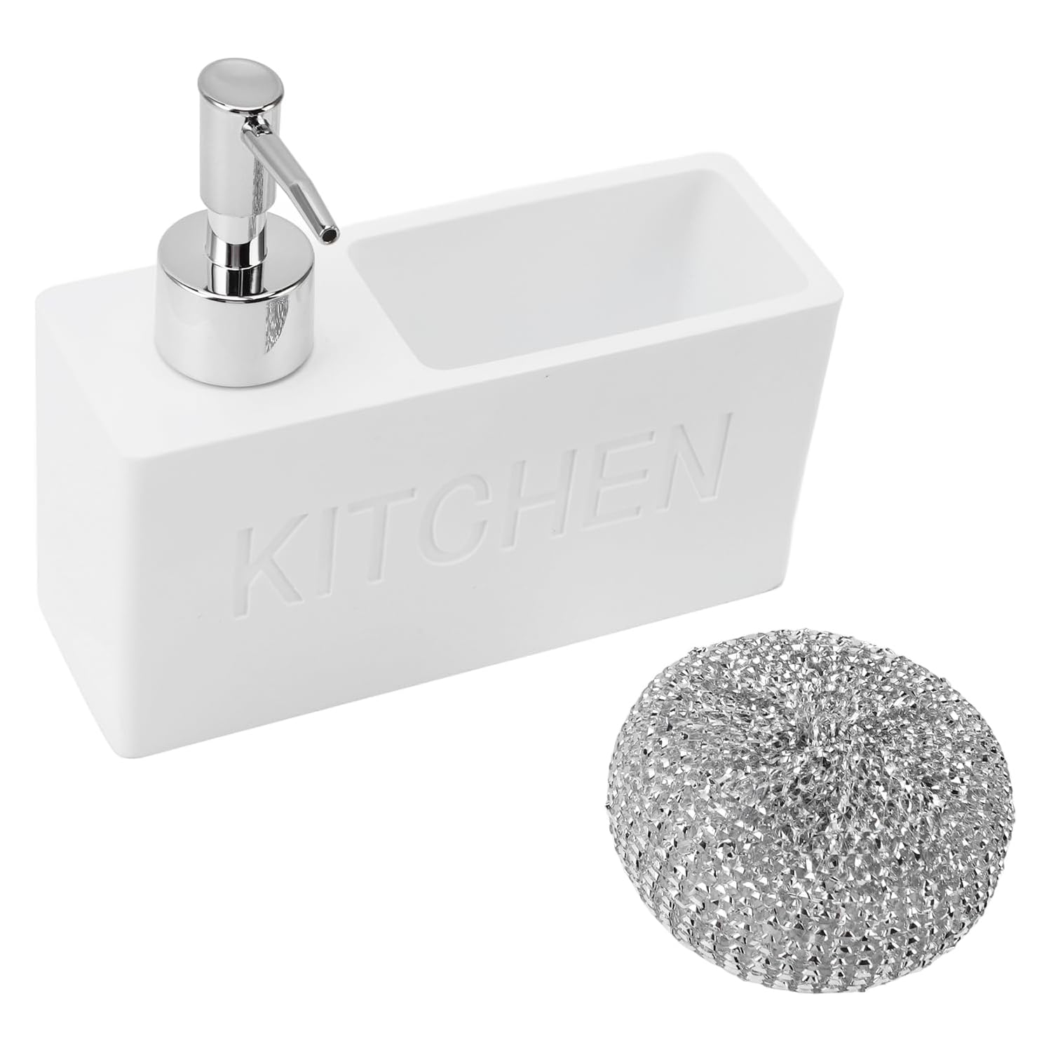 Wall-mounted dishwashing liquid push-dispensing bottle with cleaning ball sponge holder, bathroom and kitchen soap dispenser storage box - white