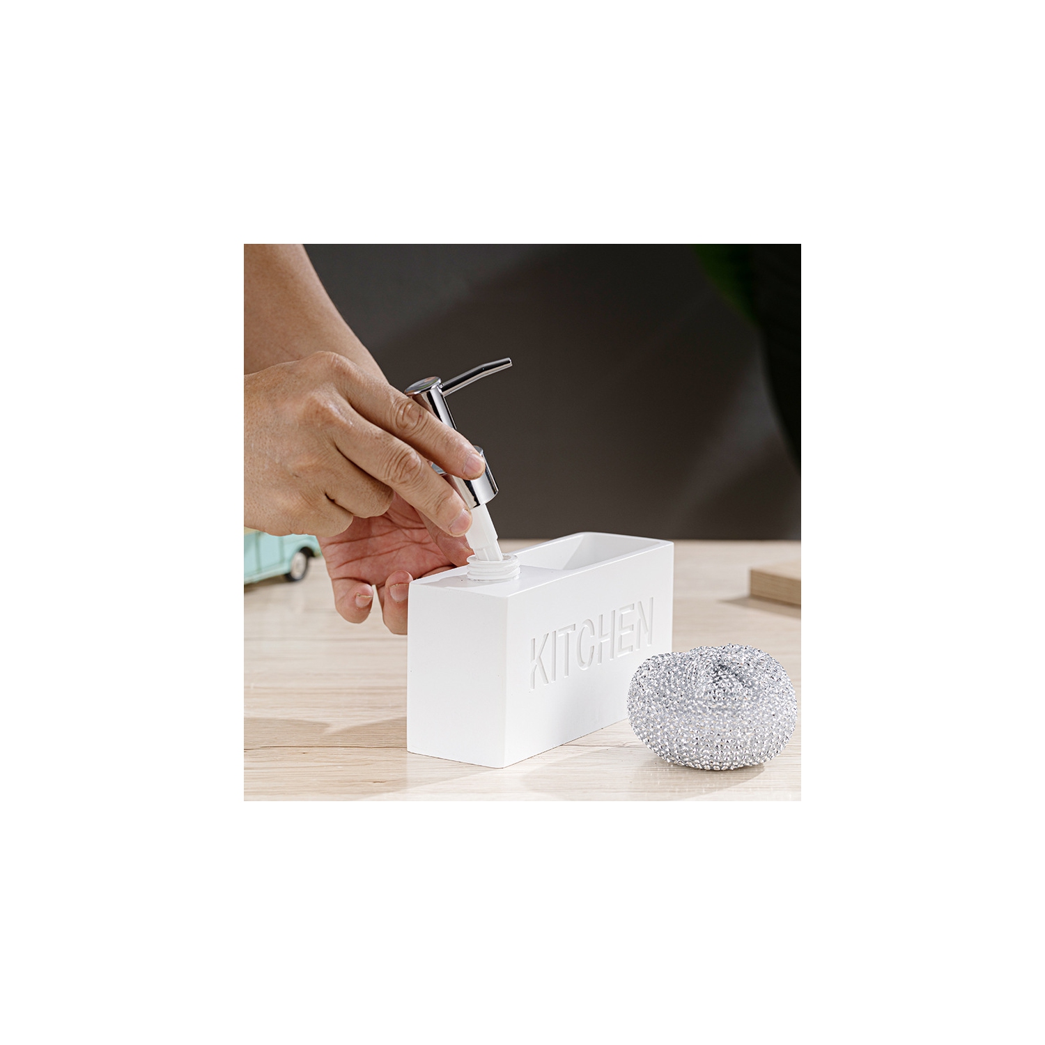 Wall-mounted dishwashing liquid push-dispensing bottle with cleaning ball sponge holder, bathroom and kitchen soap dispenser storage box - white