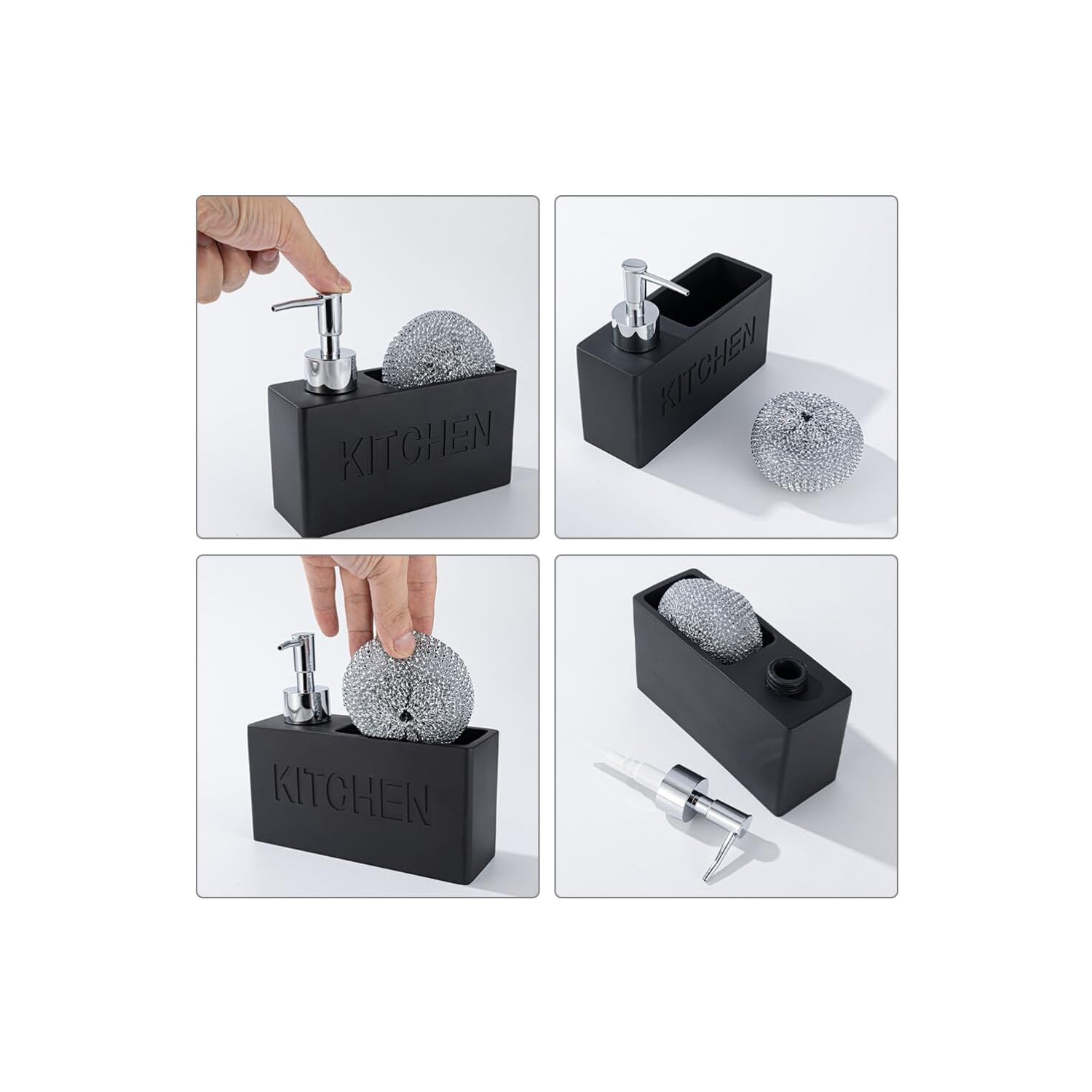 Bouteille à pousser pour lave-vaisselle murale avec porte-éponge à bille de nettoyage, boîte de rangement pour distributeur de savon de salle de bain