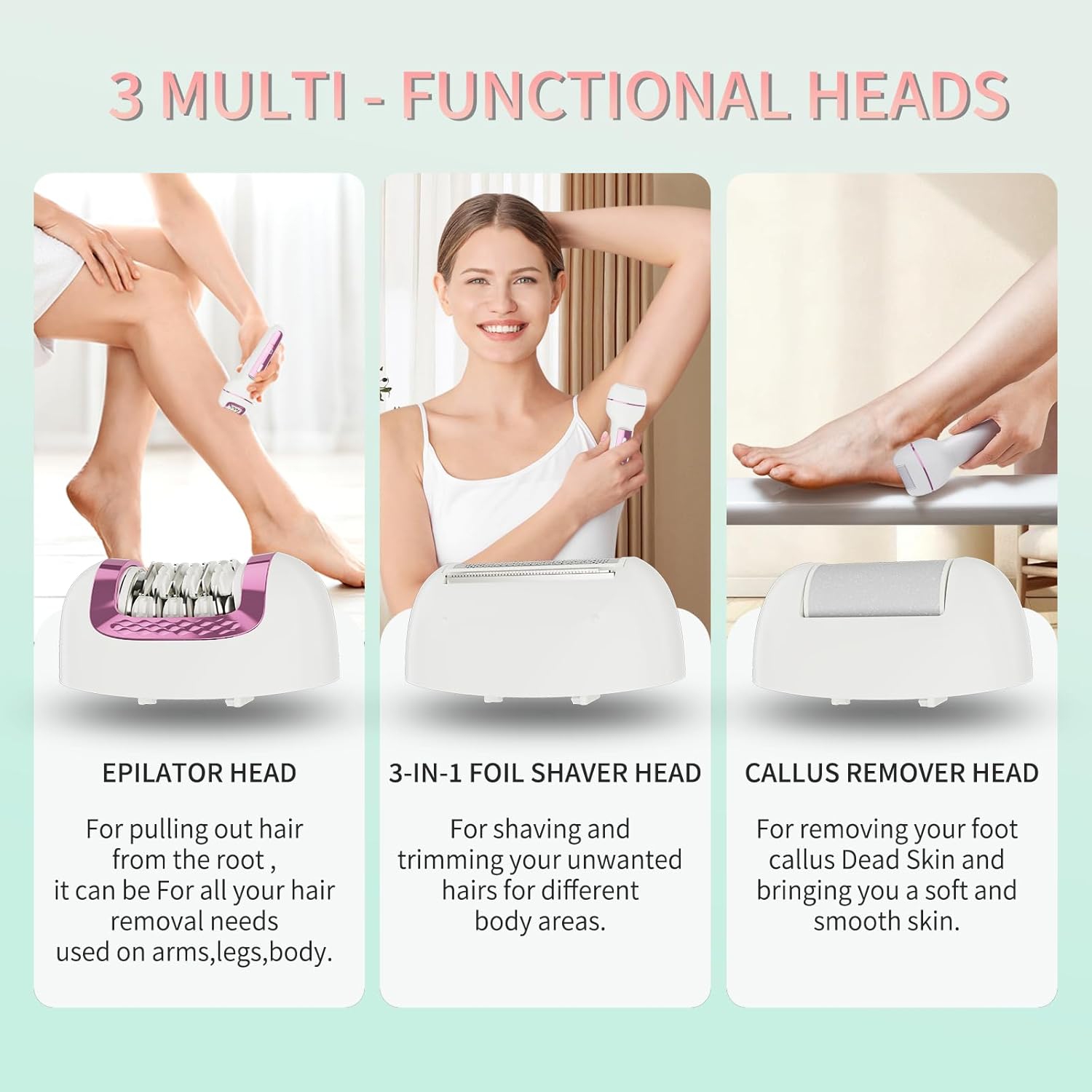Épilateur 3-en-1 pour femmes, appareil d'épilation pour le corps, tondeuse électrique rechargeable étanche sans fil, rasoir et nettoyant Callus pour