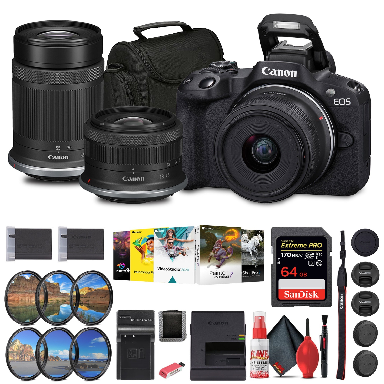 Canon EOS R50 Mirrorless Camera with 18-45mm and 55-210mm Lenses+ 64GB Card + Bag + Charger + More