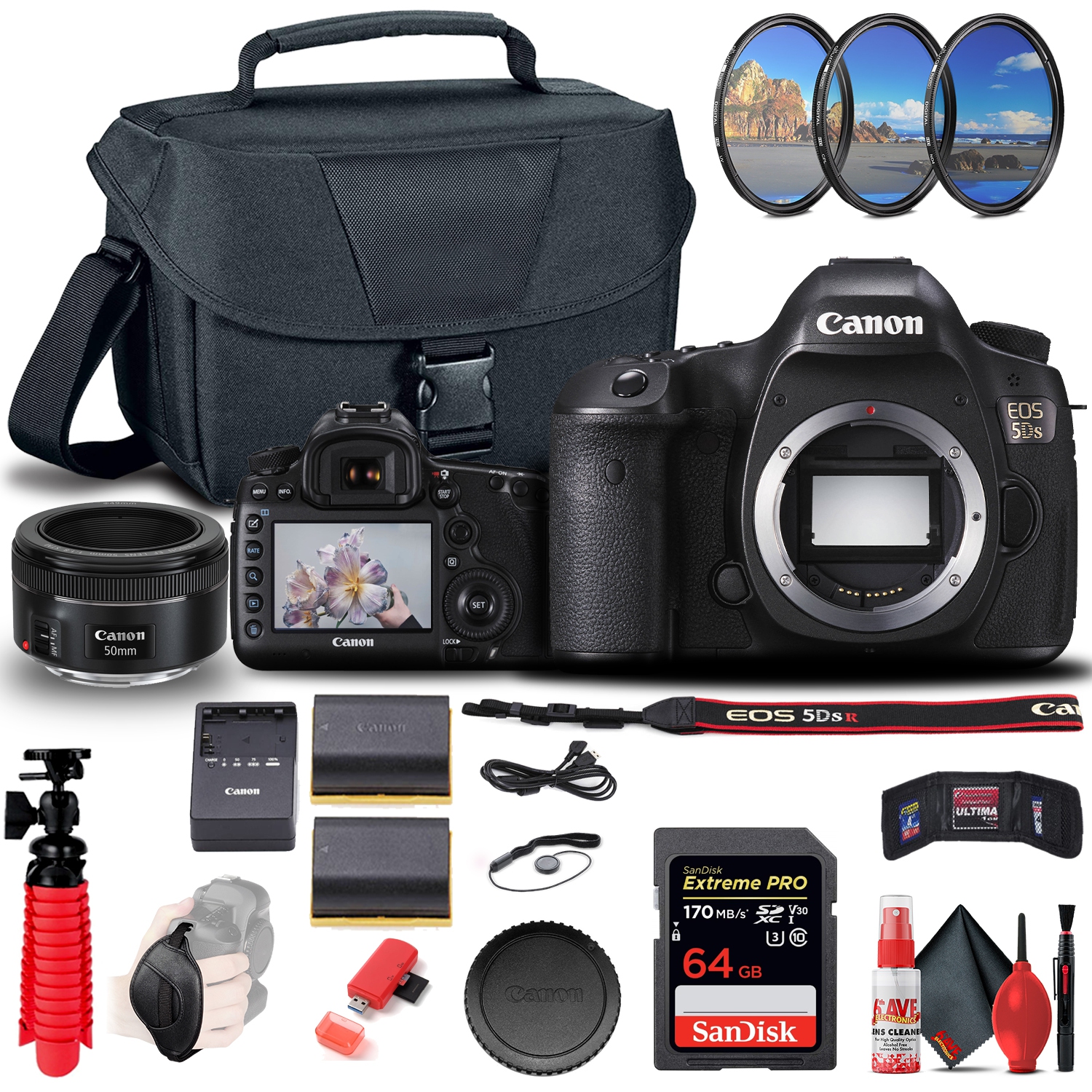 Canon EOS 5DS DSLR Camera + Canon EF 50mm Lens + 64GB Card + More