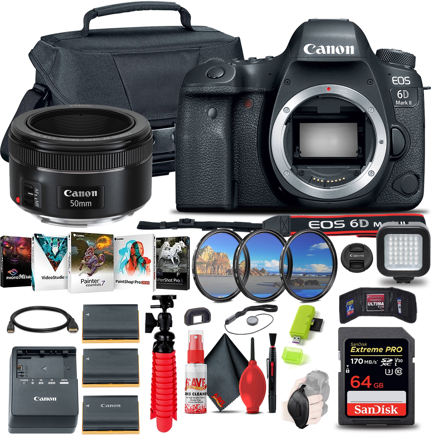Canon EOS 6D Mark II DSLR Camera + Canon EF 50mm Lens All in One Bundle