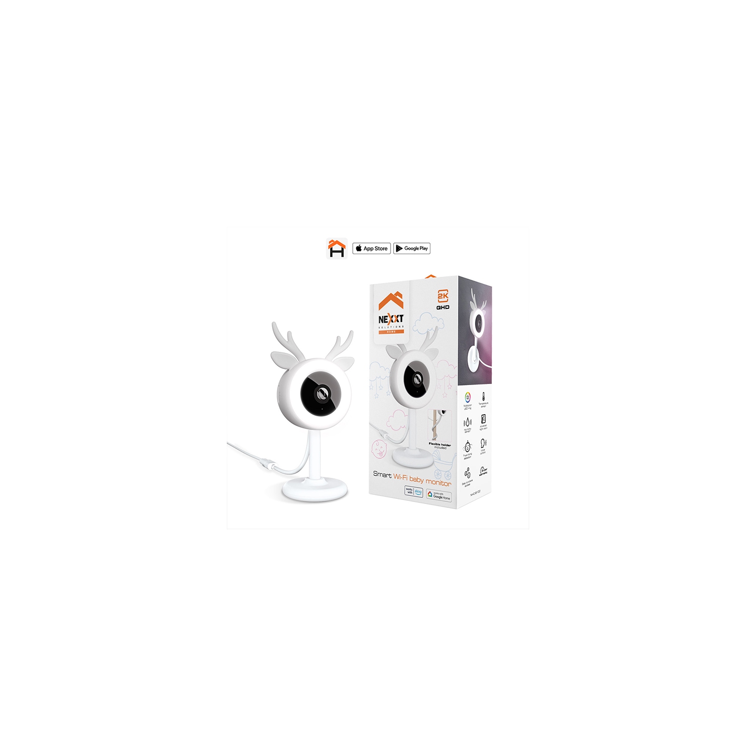 Nexxt Smart Home Indoor Smart Wifi Baby Monitor Camera 2K Movement - White