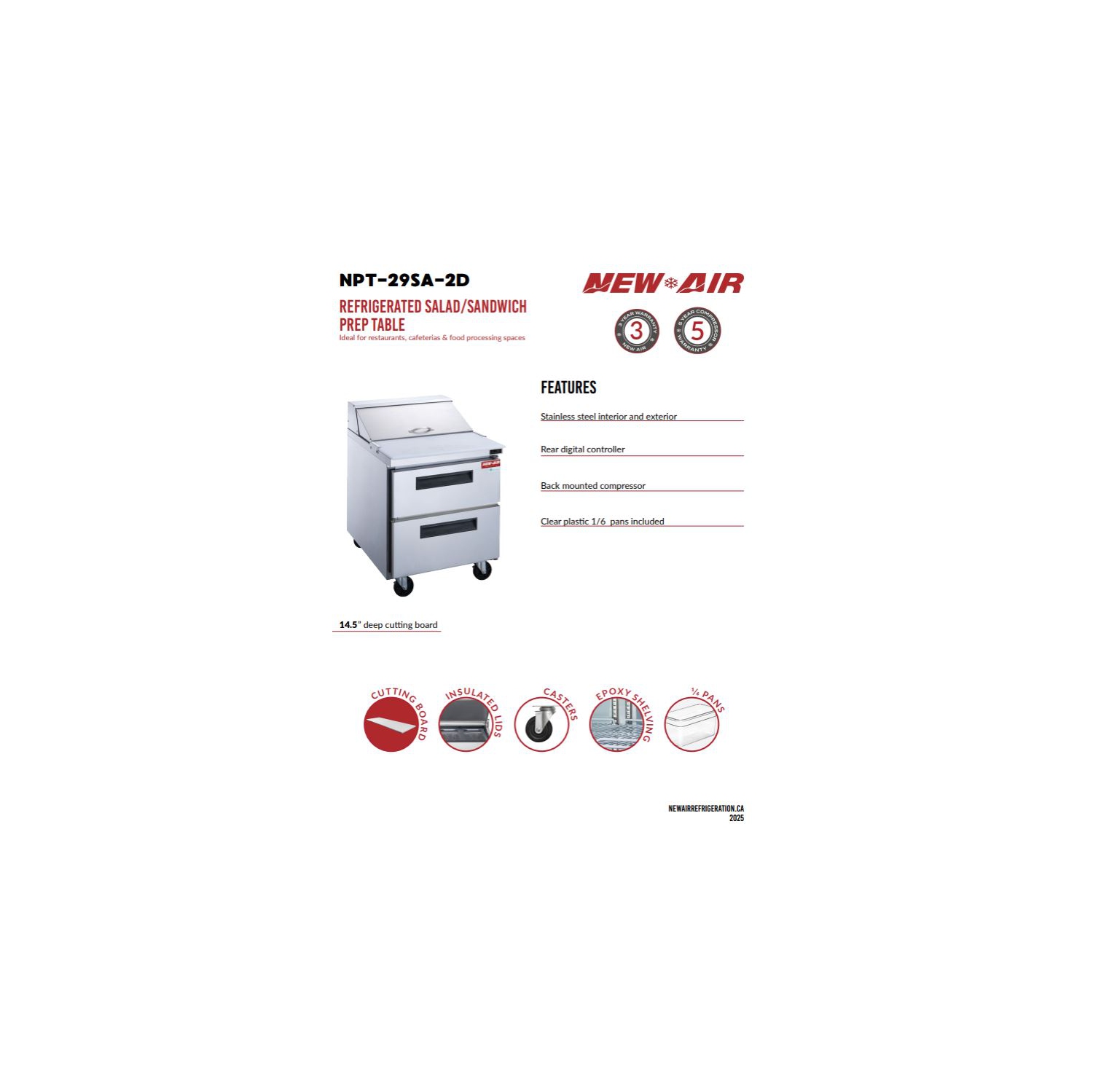 New Air NPT-29SA-2D Refrigerated Salad/Sandwich Prep Table - Ideal for restaurants, cafeterias and food processing spaces