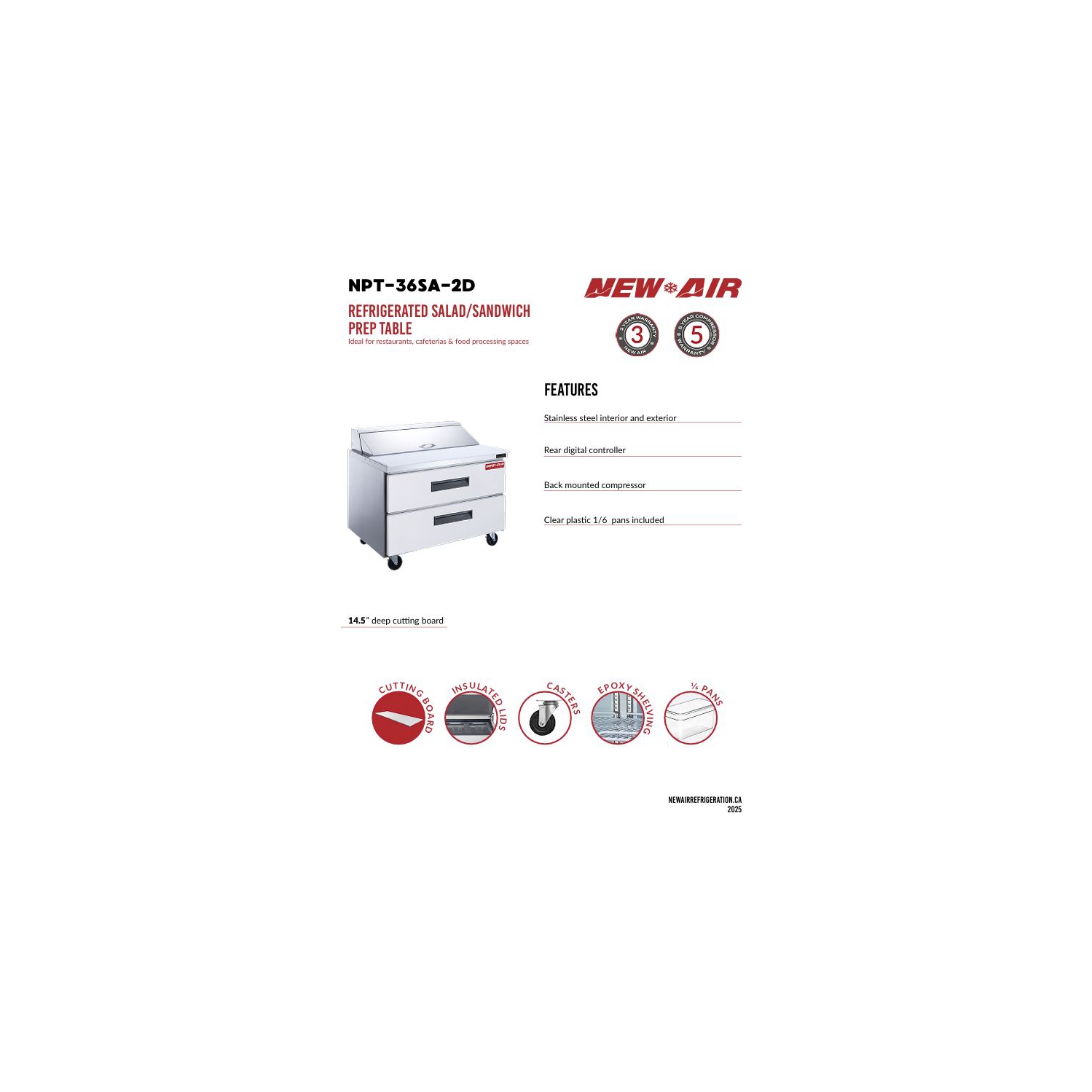 New Air NPT-36SA-2D Refrigerated Salad/Sandwich Prep Table - Ideal for restaurants, cafeterias and food processing spaces
