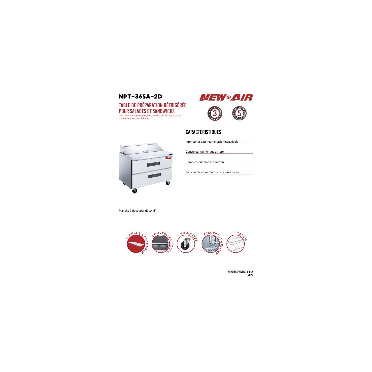 New Air NPT-36SA-2D Refrigerated Salad/Sandwich Prep Table - Ideal for restaurants, cafeterias and food processing spaces
