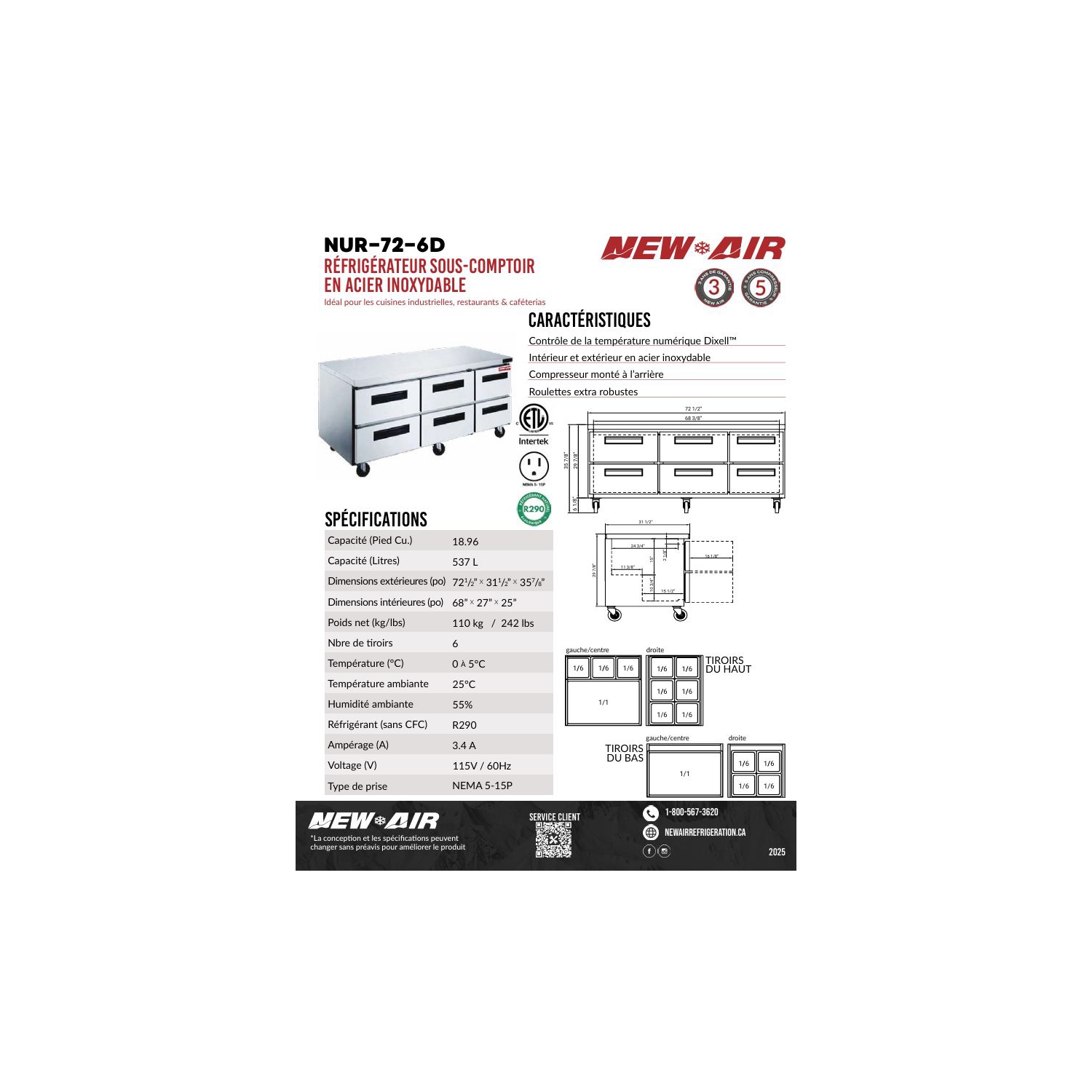 New Air NUR-72-6D Stainless Steel Undercounter Refrigerator - Ideal for commercial kitchens, restaurants and cafeterias