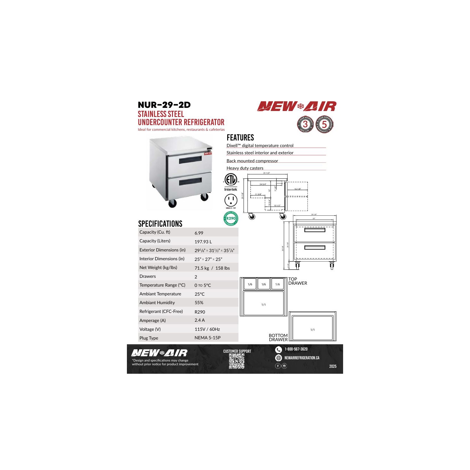 New Air NUR-29-2D 29" Stainless Steel Undercounter Refrigerator - Ideal for commercial kitchens, restaurants and cafeterias