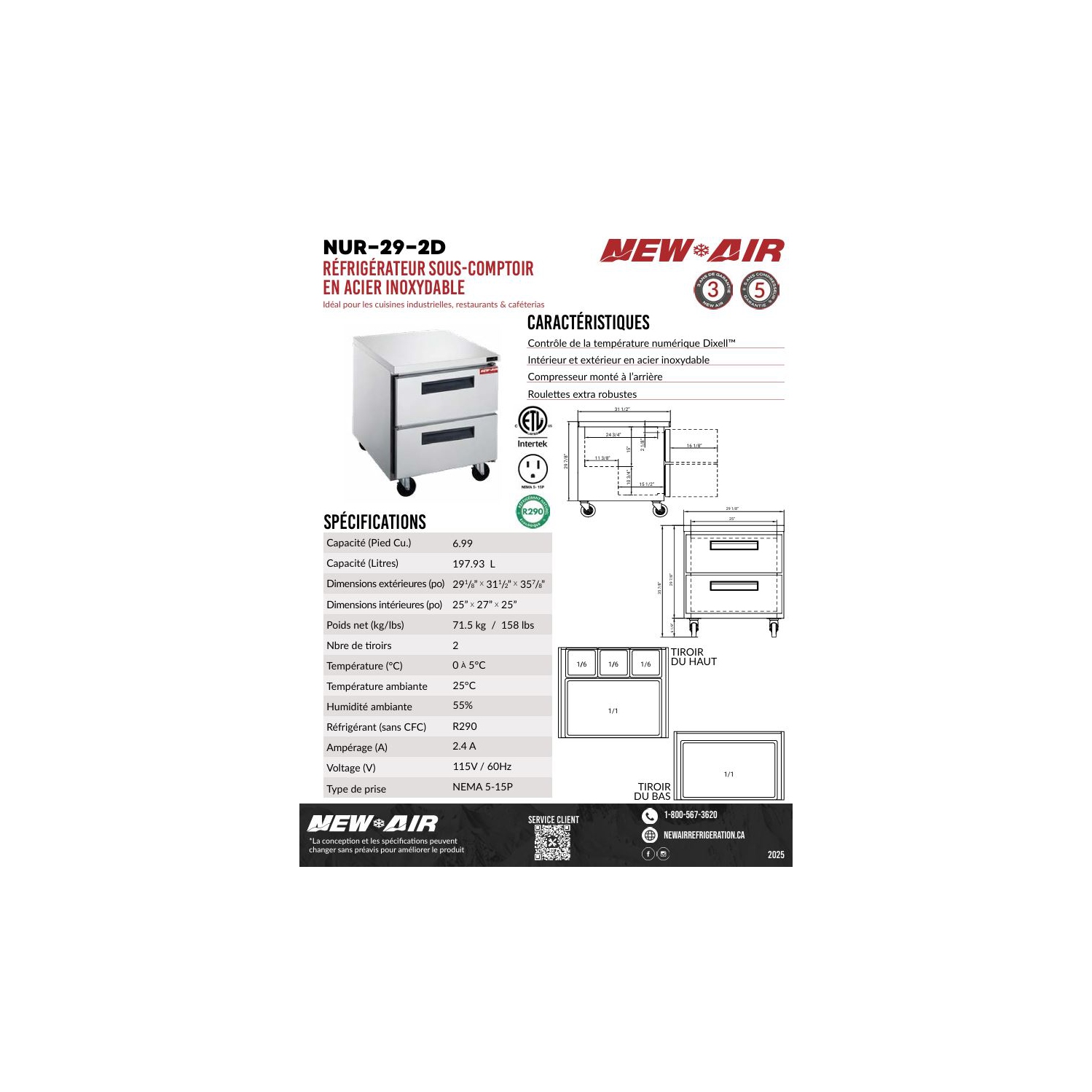 New Air NUR-29-2D 29" Stainless Steel Undercounter Refrigerator - Ideal for commercial kitchens, restaurants and cafeterias