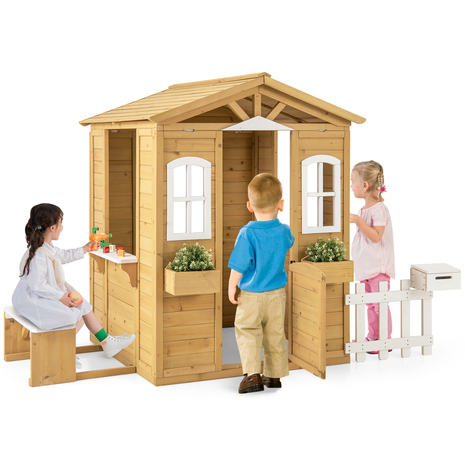 Gymax Wood Playhouse for Kids Outdoor Adventures Cottage w/ Bench Play Game Center