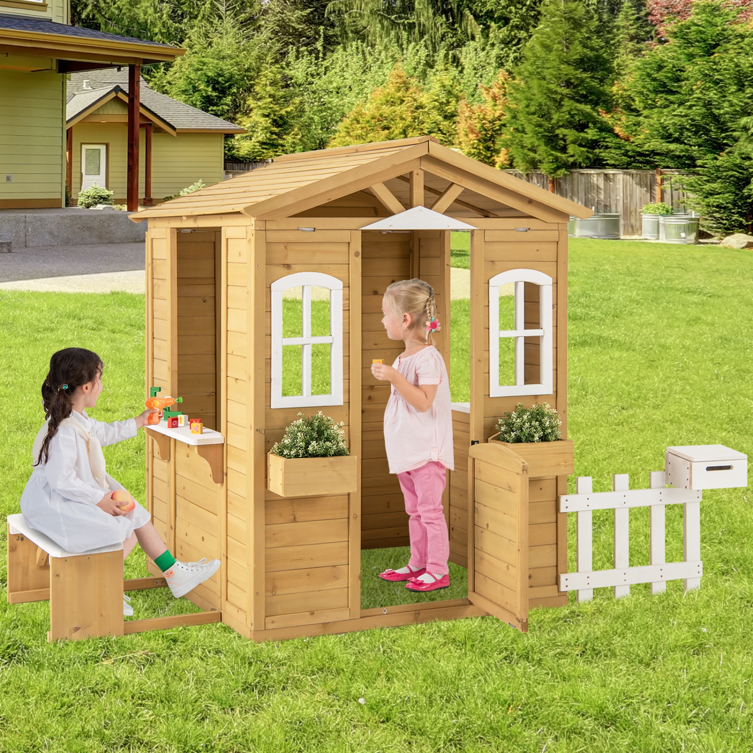 Gymax Wood Playhouse for Kids Outdoor Adventures Cottage w/ Bench Play Game Center